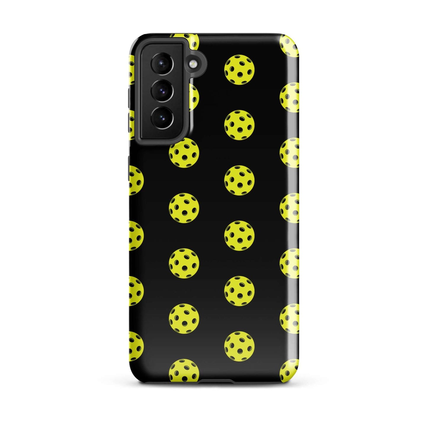 Phone Case featuring a playful pickleball pattern on a sleek black background for sporting enthusiasts.