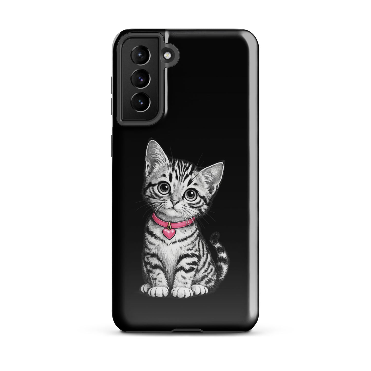 Phone Case for Samsung Galaxy with pencil-sketch kitten and pink heart charm on black-and-white detailed design.