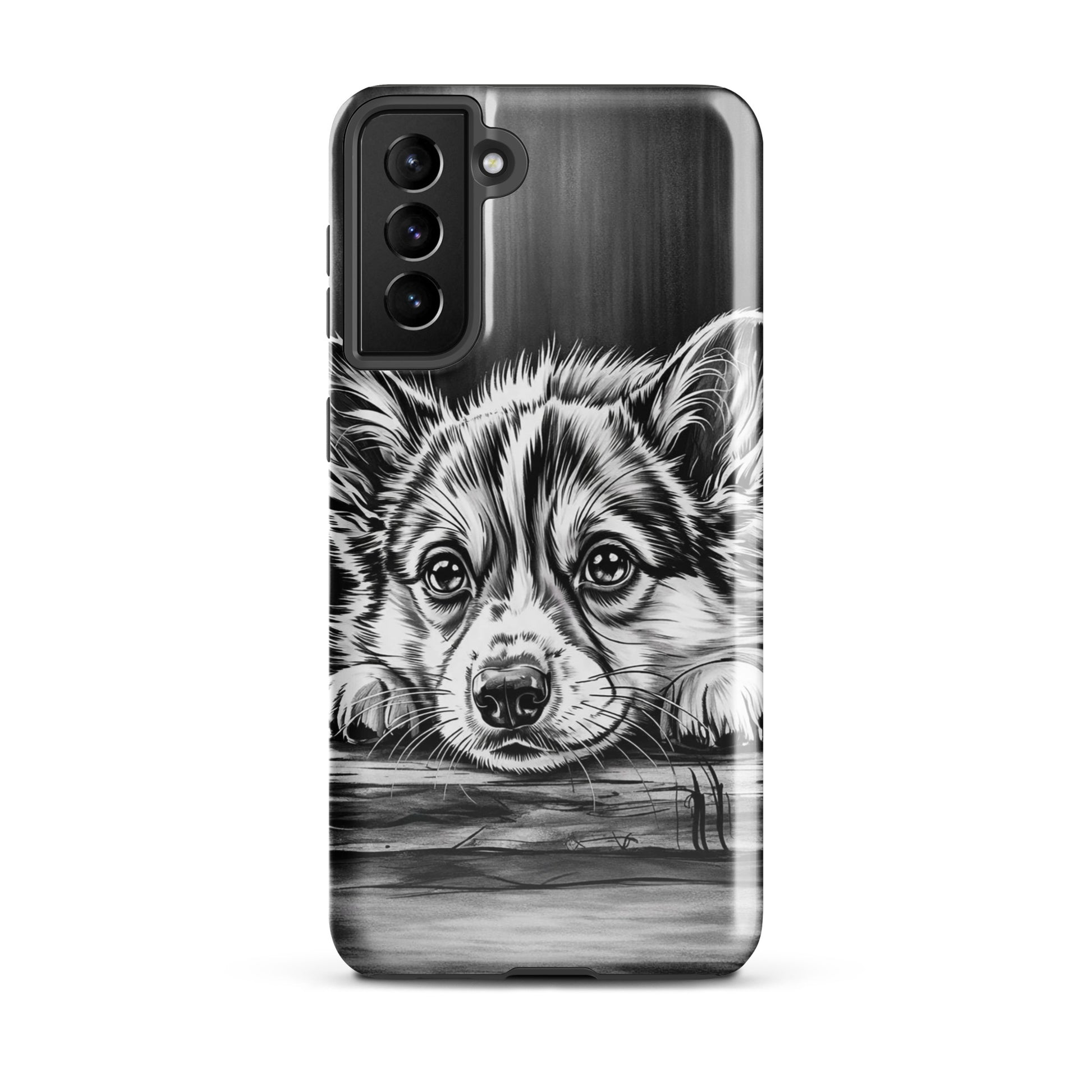 Phone Case for Samsung Galaxy featuring elegant puppy art with black-and-white design on aged wood background.