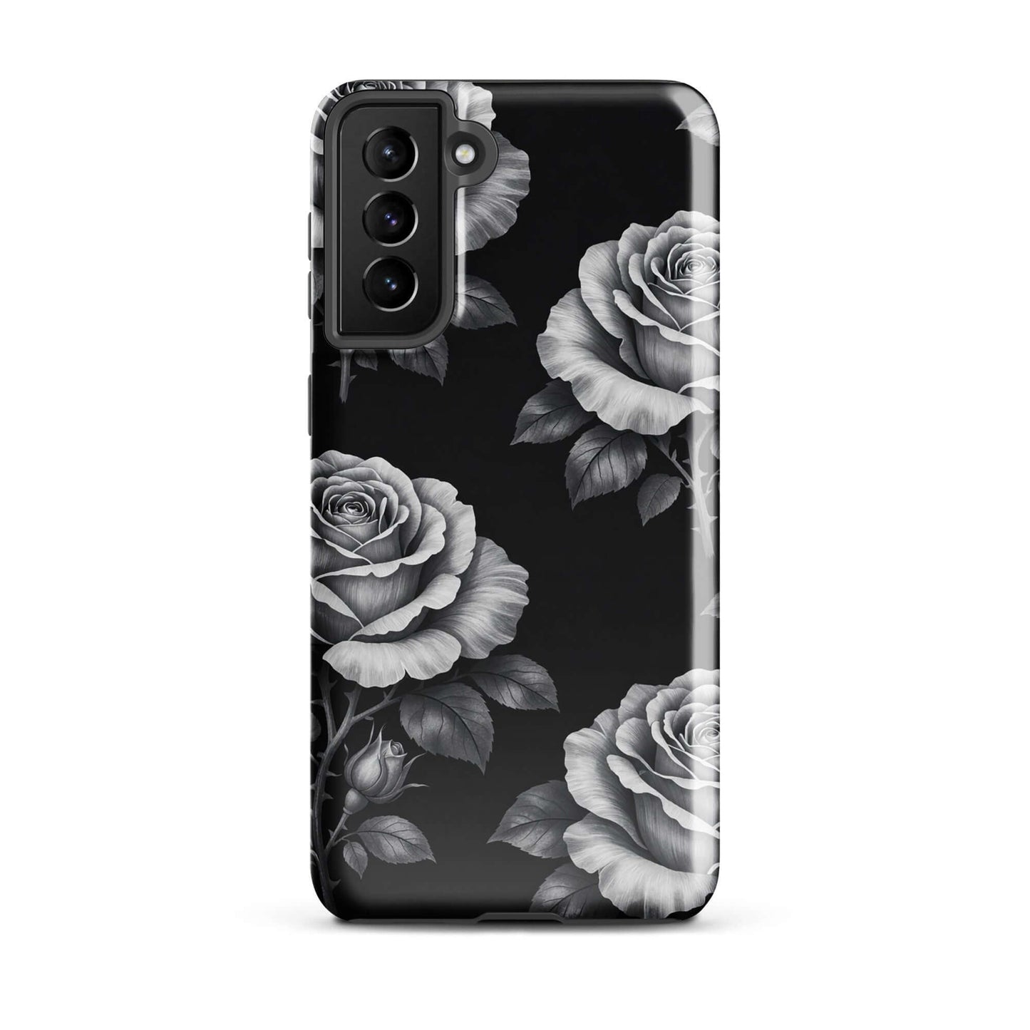 Phone Case for Samsung Galaxy with rose garden design, black background, floral pattern, elegant hand-sketched roses, lush leaves