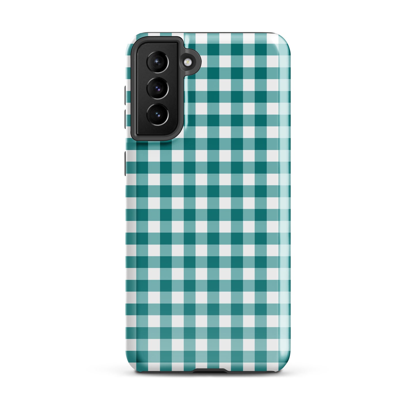 Phone Case for Samsung Galaxy with teal and white gingham pattern, offering stylish protection and luxury craftsmanship.