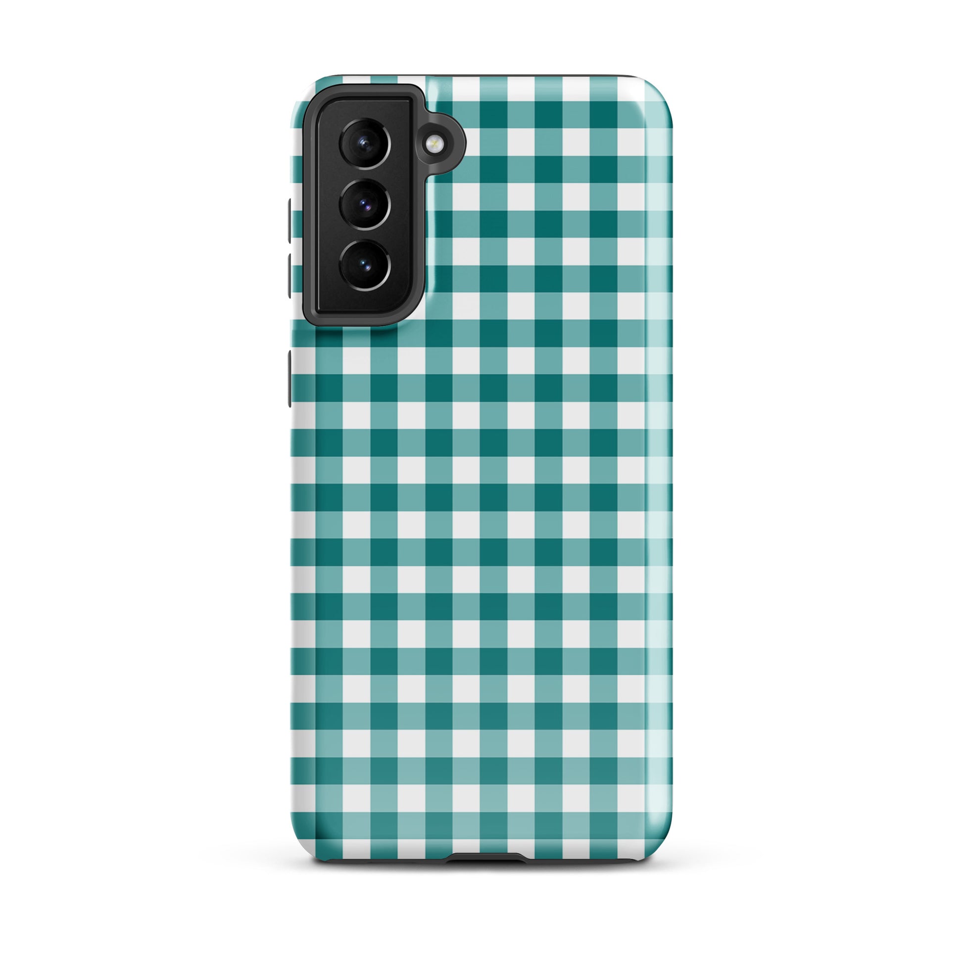 Phone Case for Samsung Galaxy with teal and white gingham pattern, offering stylish protection and luxury craftsmanship.
