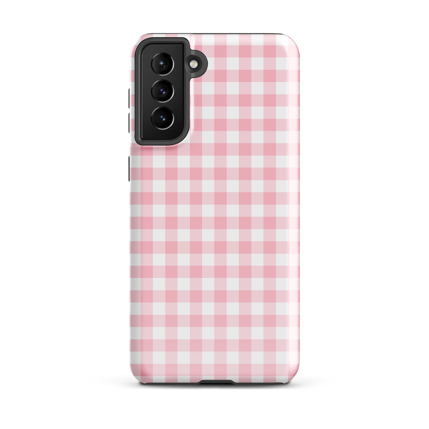 Phone Case for Samsung Galaxy with pink and white gingham pattern, offering style and durability.
