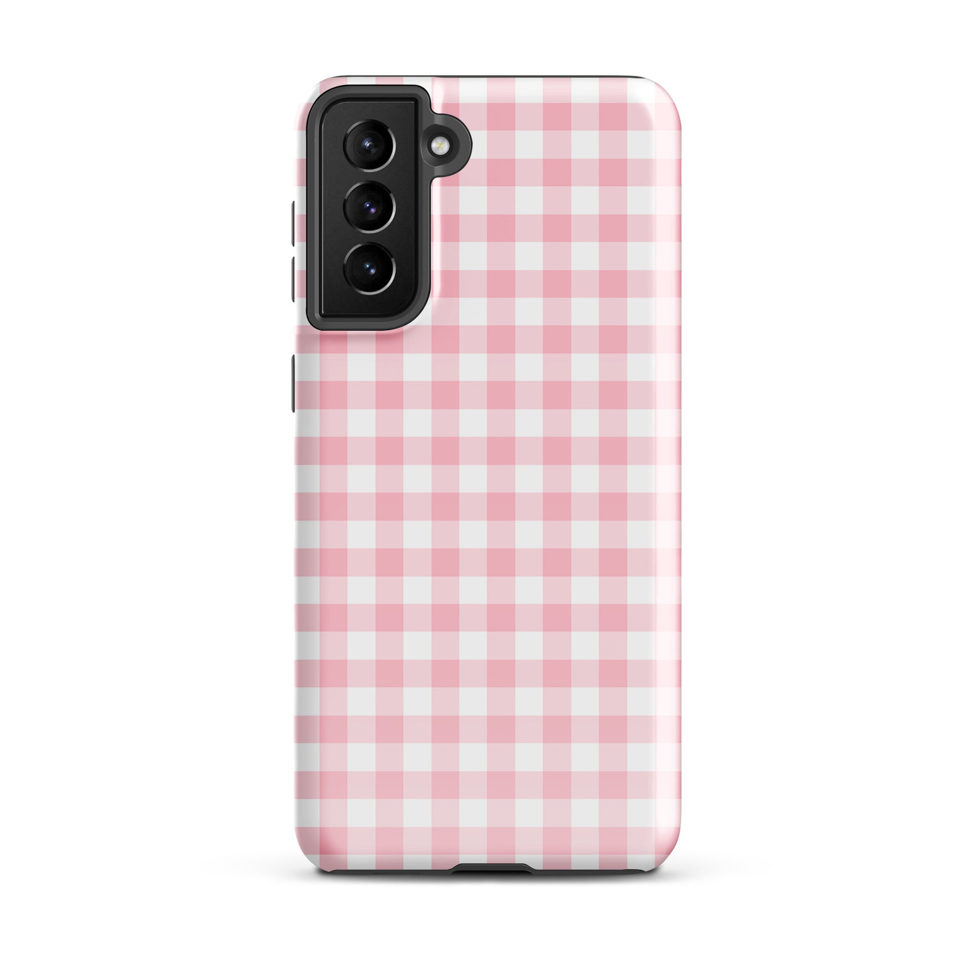 Phone Case for Samsung Galaxy with pink and white gingham pattern, offering style and durability.