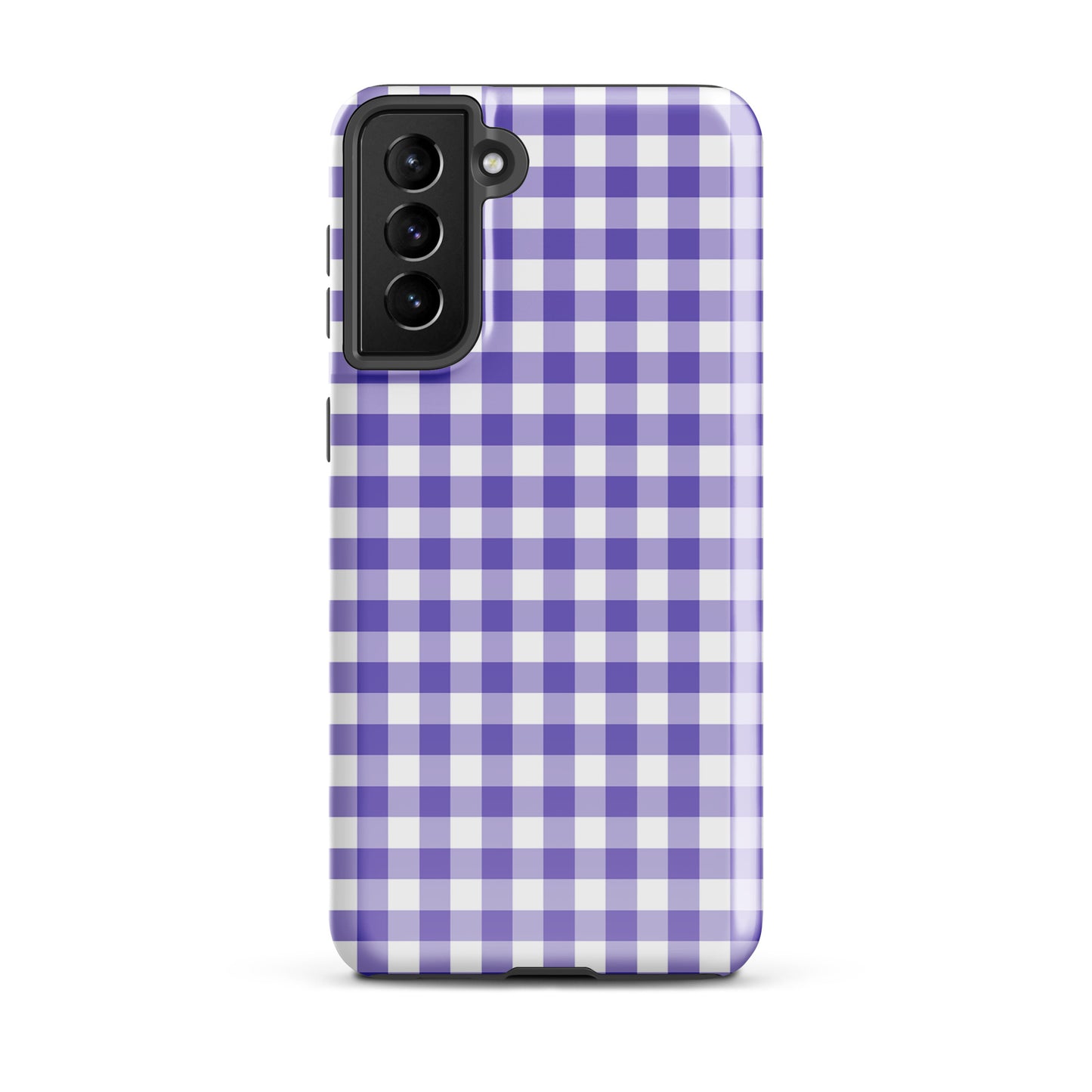 Phone case for Samsung Galaxy with purple-and-white gingham pattern, offering stylish protection.