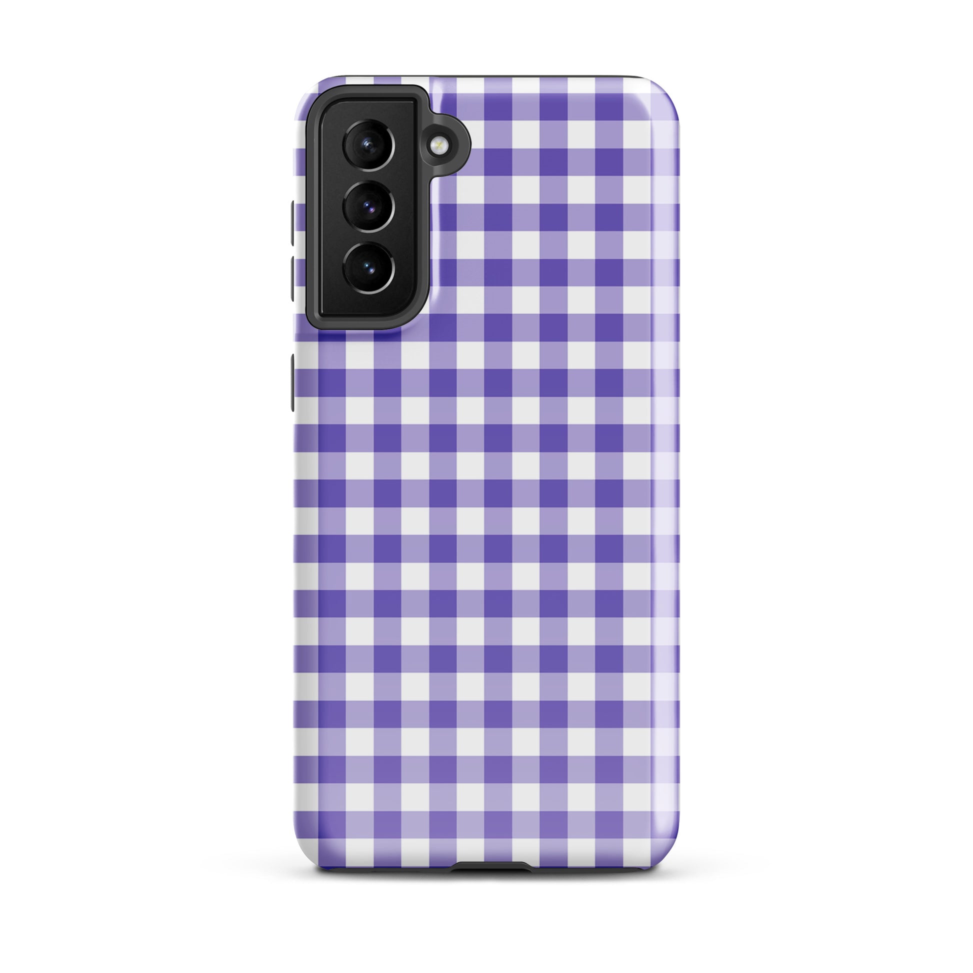 Phone case for Samsung Galaxy with purple-and-white gingham pattern, offering stylish protection.