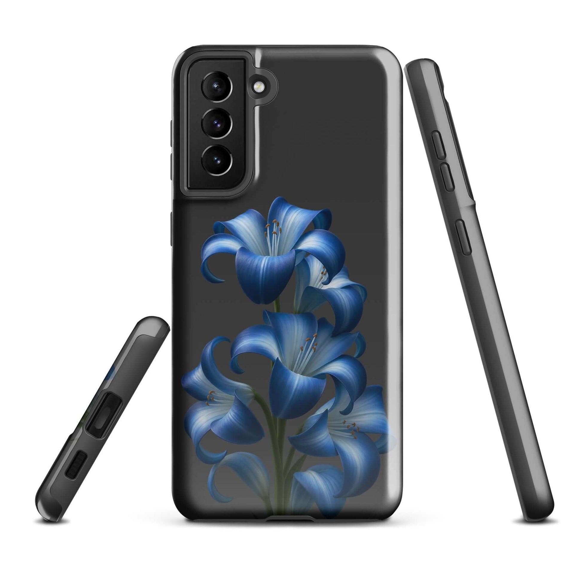 Phone Case for Samsung Galaxy featuring blue lily bloom art on a sleek dark backdrop, showcasing premium dual-layer protection.