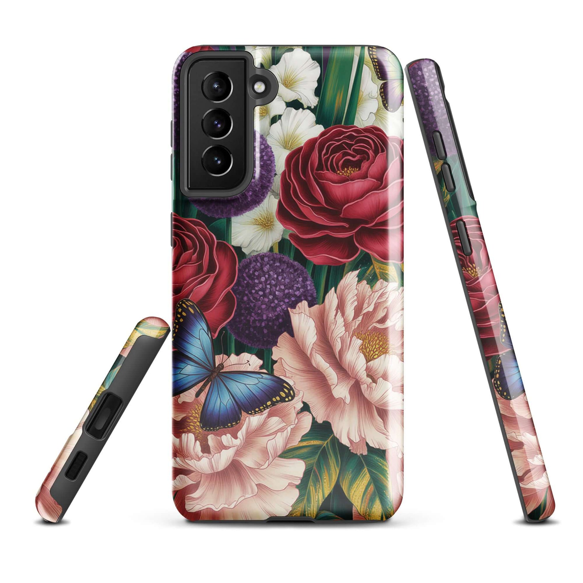 Phone Case for Samsung Galaxy with crimson roses, pink peonies, and blue butterflies, botanical garden design.