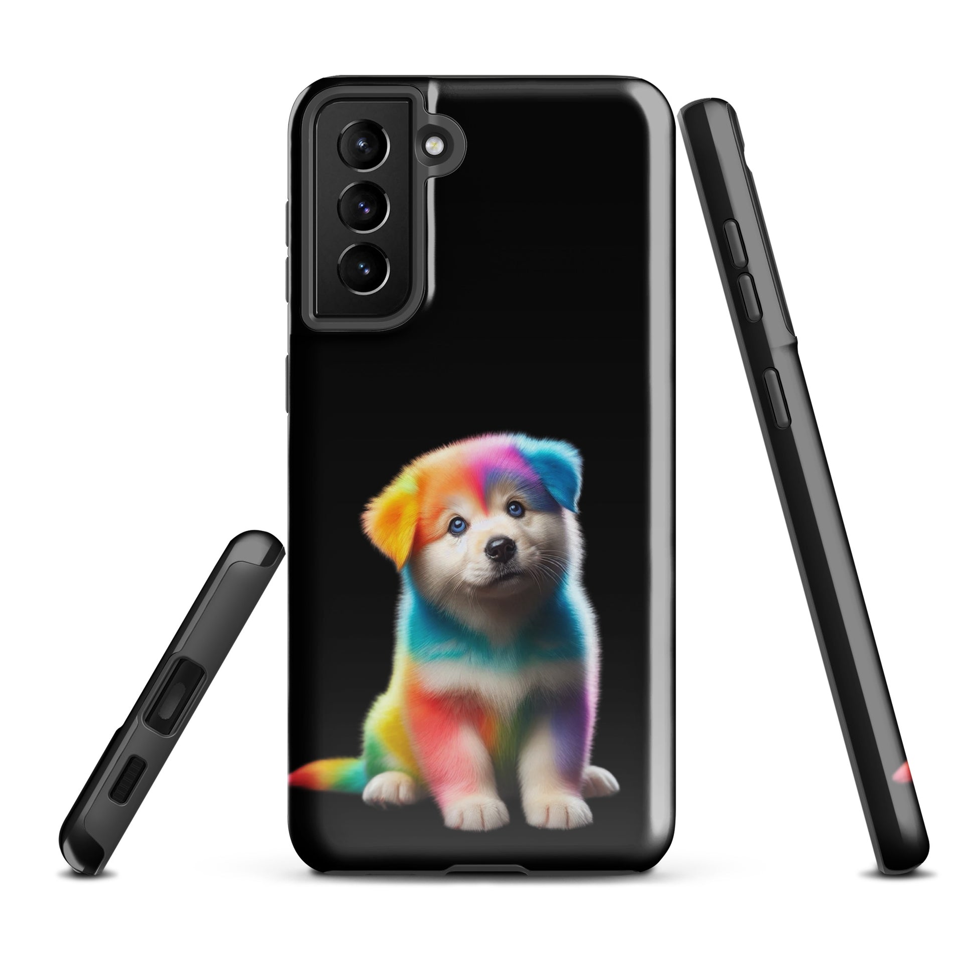 Phone Case with rainbow puppy design for Samsung Galaxy, featuring vibrant colors and a cosmic night sky background.