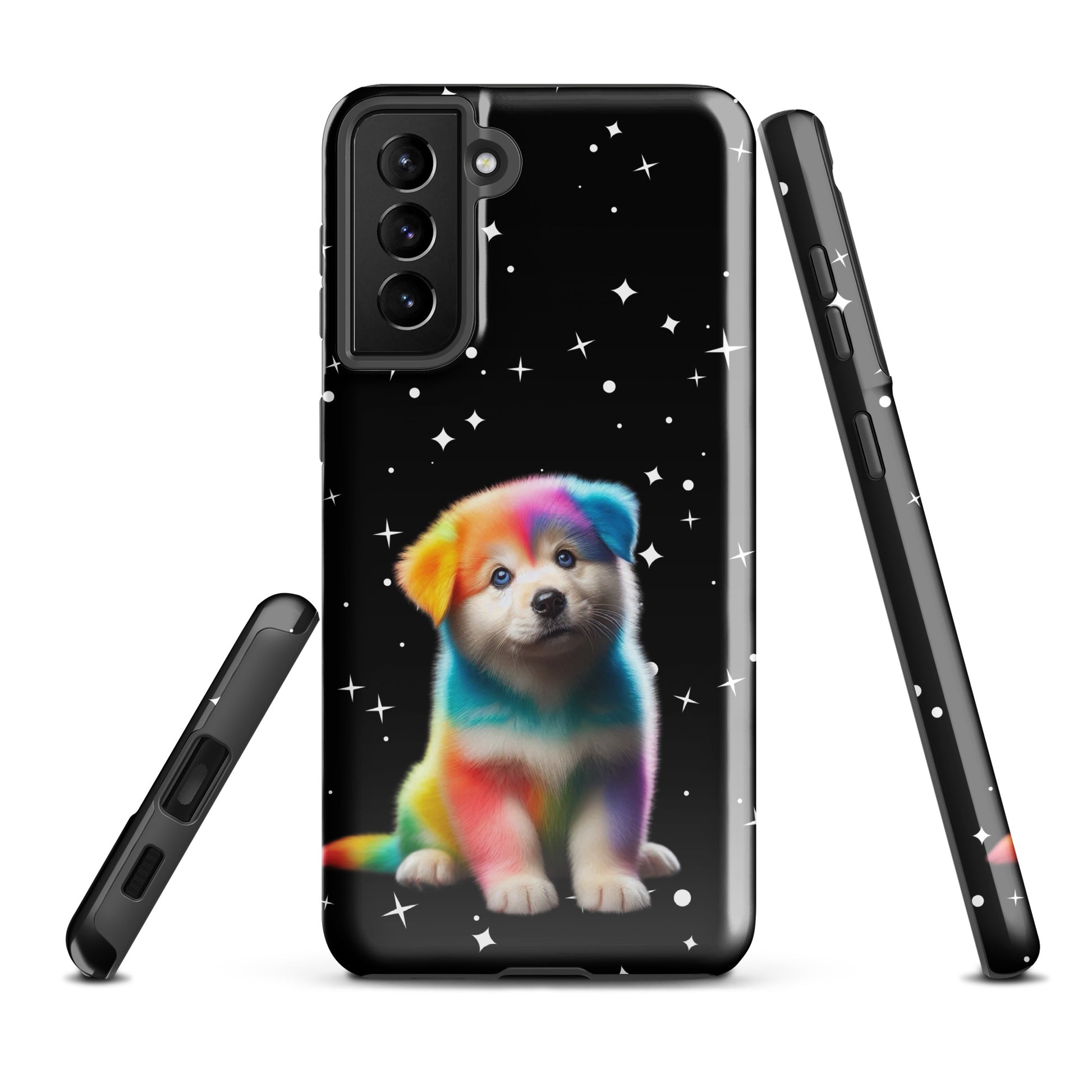 Phone Case for Samsung Galaxy featuring a rainbow puppy with starry night background, blending fantasy art with device protection.
