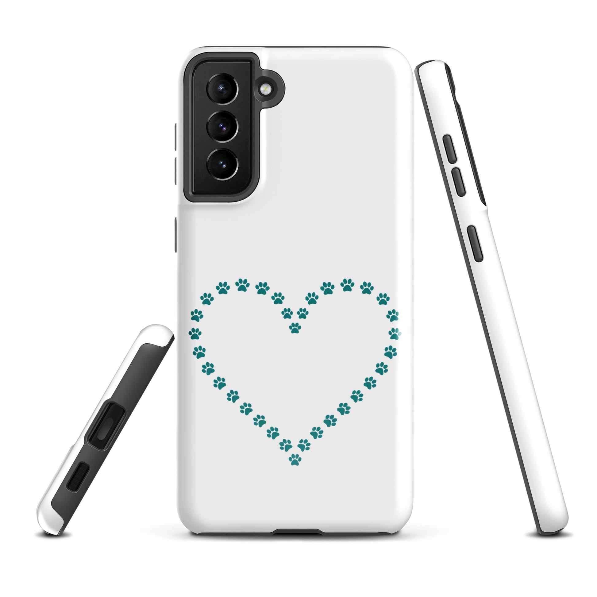 Phone Case for Samsung Galaxy featuring paw print heart design for pet lovers, durable and protective for cat and dog owners.