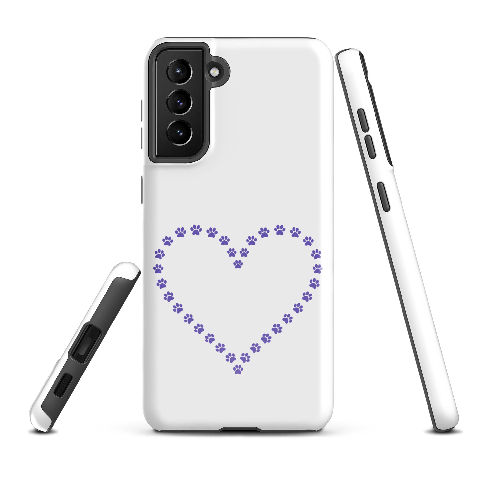 Phone Case for Samsung Galaxy featuring purple paw print heart design suitable for pet lovers and offers durable protection.