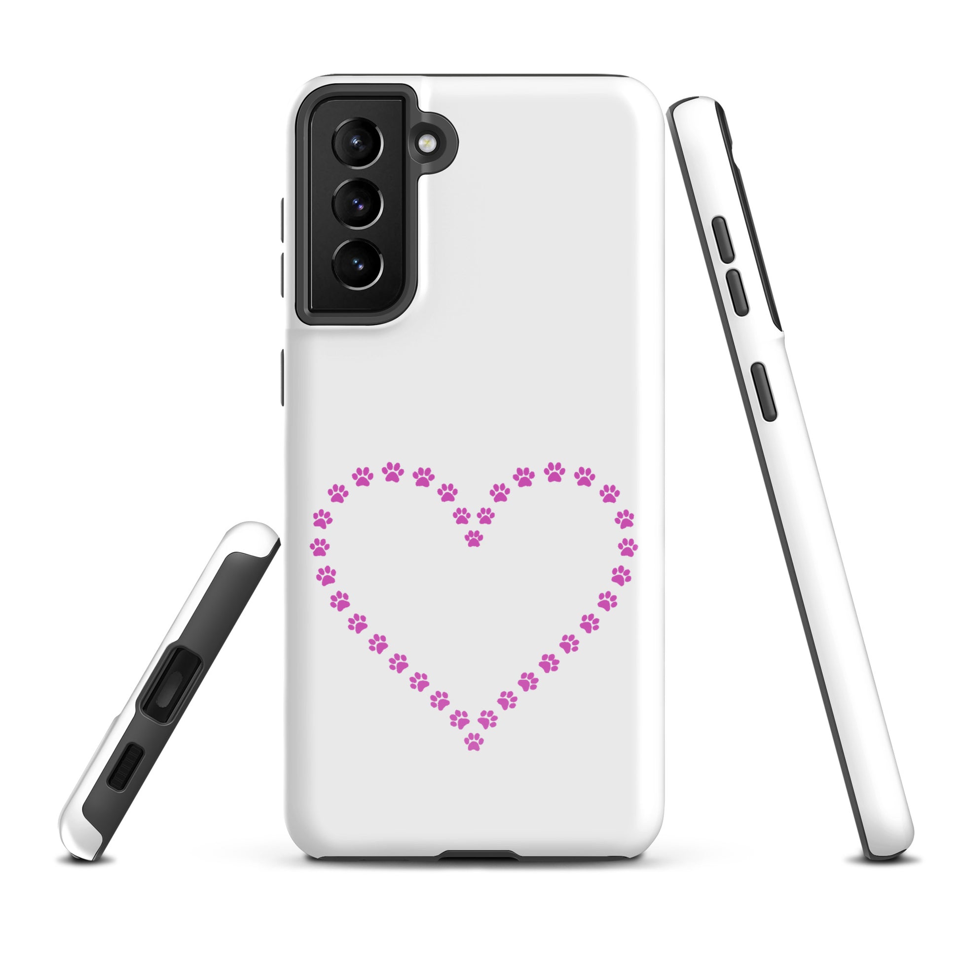Phone Case for Samsung Galaxy with paw print heart design for pet lovers, featuring purple paw prints in a heart shape.