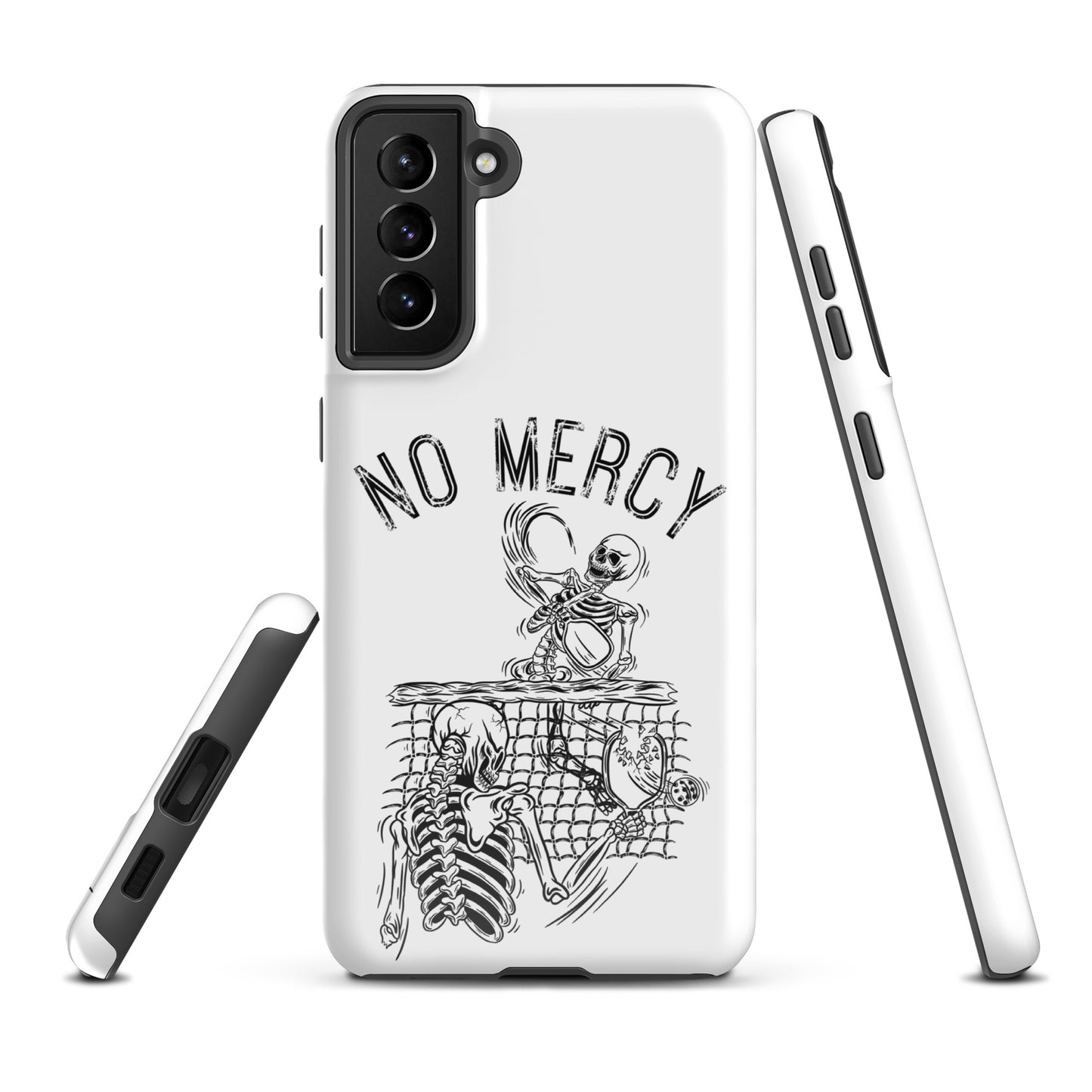 Pickleball Samsung Galaxy case featuring 'No Mercy' skeleton design, perfect for aggressive players seeking intense phone protection.