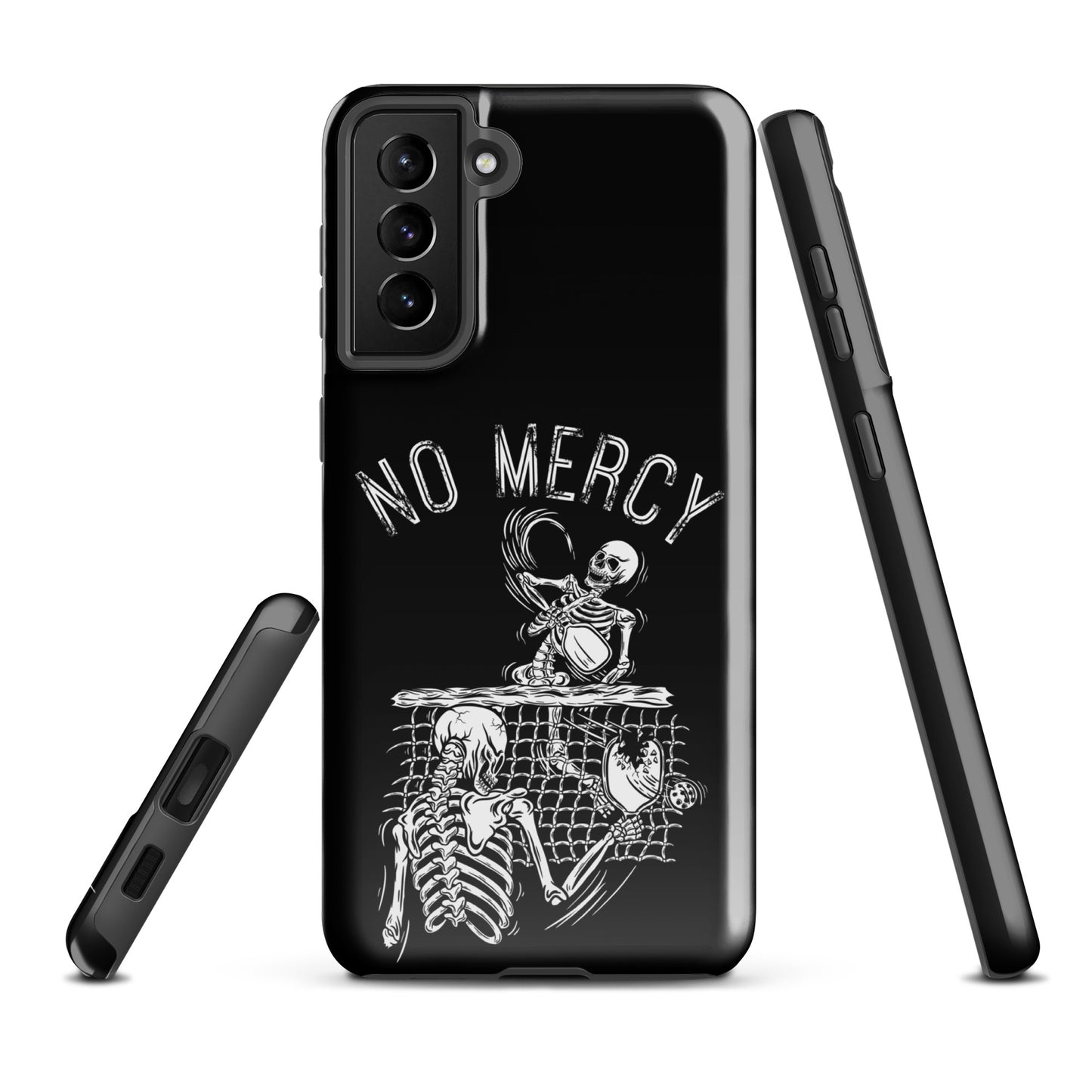 Pickleball Samsung Galaxy case featuring 'No Mercy' skeleton design, perfect for aggressive players. High-impact protection for your phone.
