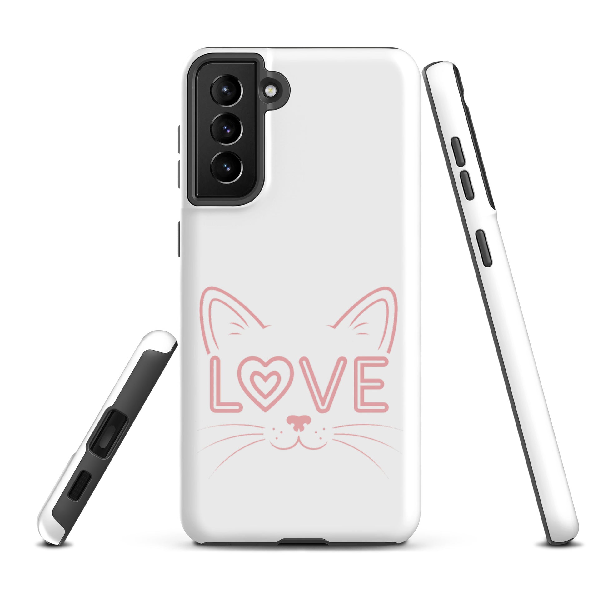 Cat Love phone case for Samsung Galaxy with minimalist cat face and "love" design.
