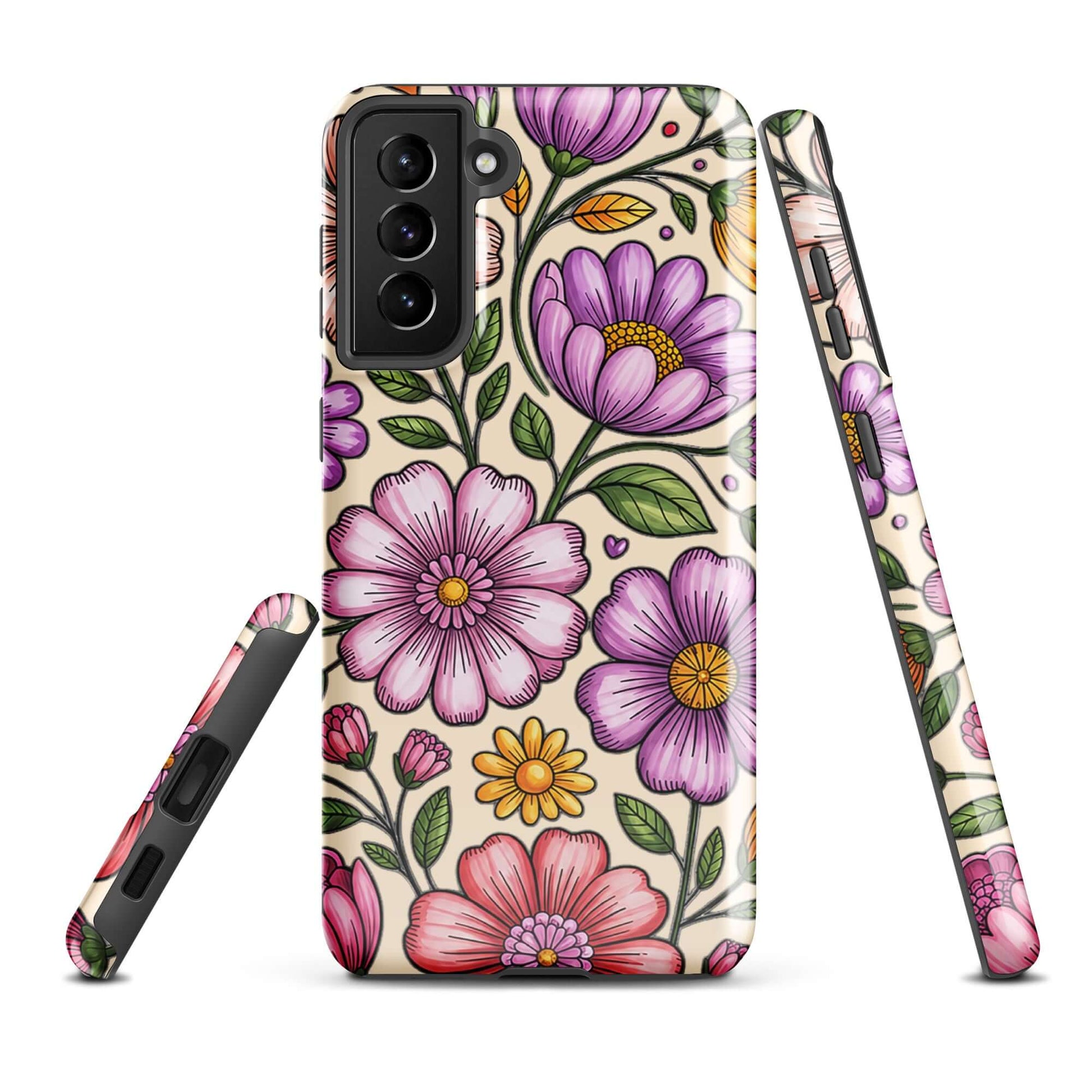 Phone Case for Samsung Galaxy with pastel floral design, featuring pink, peach, and lavender flowers on a durable polycarbonate shell.