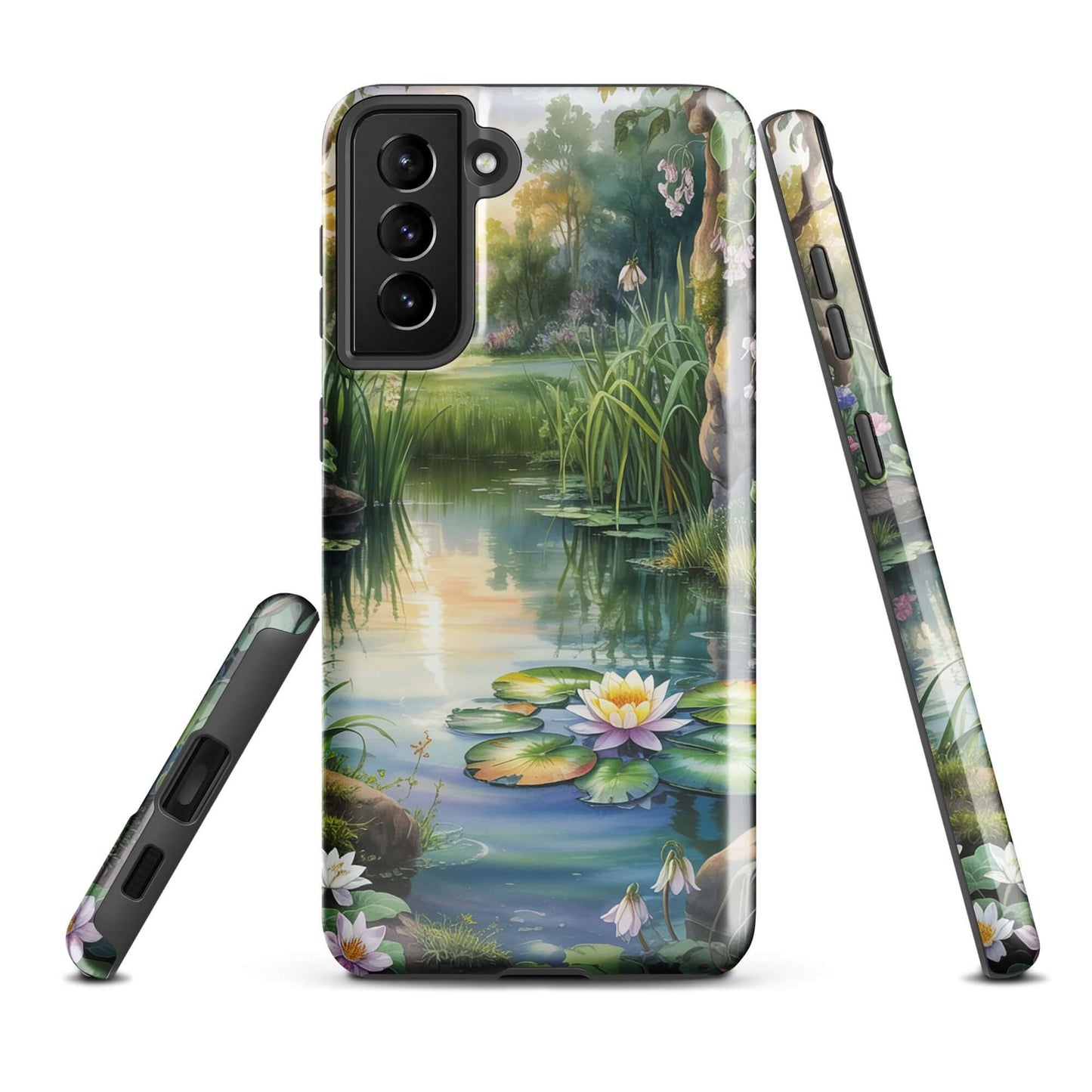 Phone Case for Samsung Galaxy with enchanted pond design, featuring serene water lilies and lush greenery.