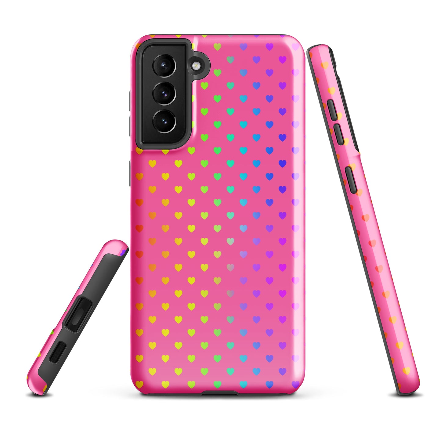 Phone case for Samsung Galaxy with cute rainbow hearts on pink background showing front and side view.