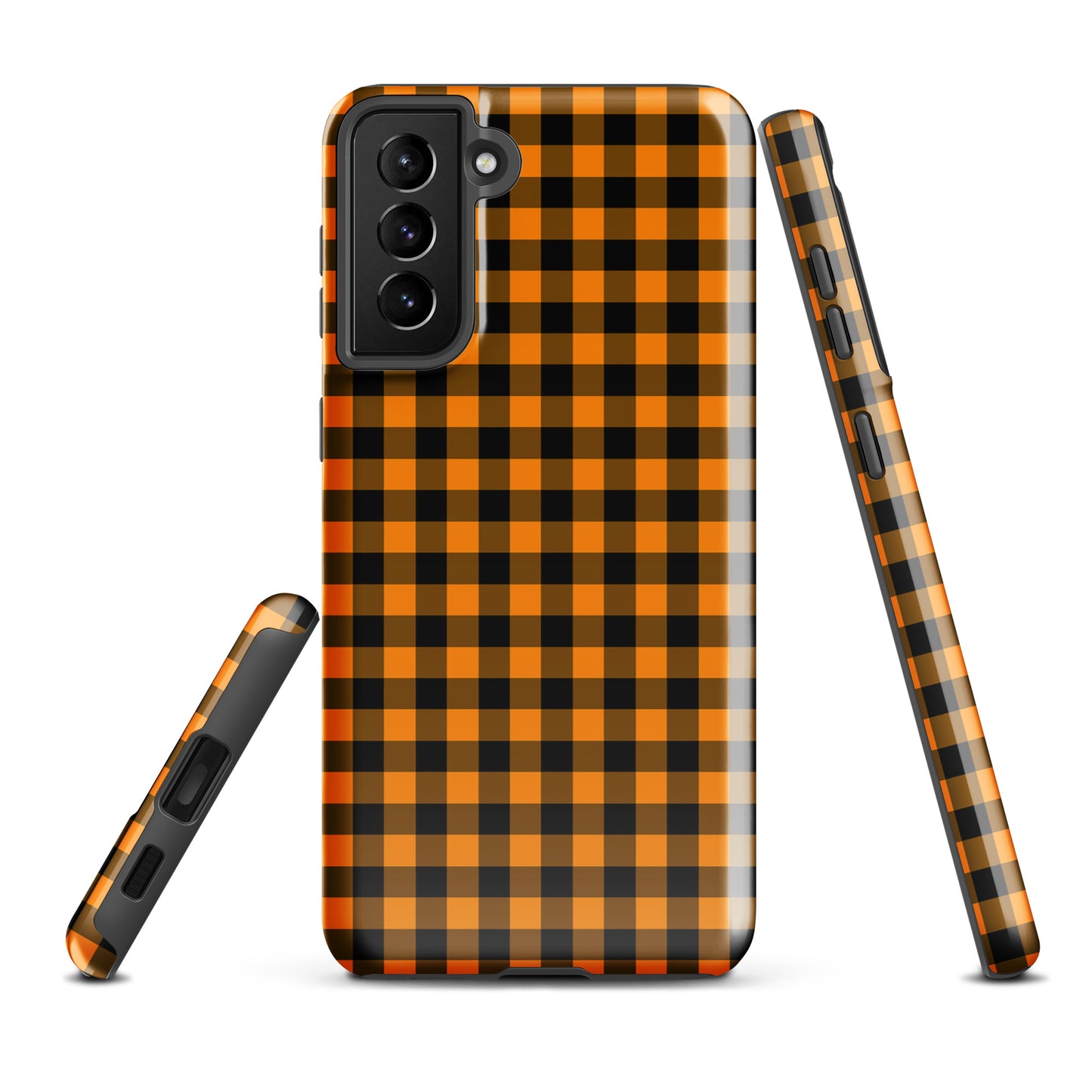 Phone case for Samsung Galaxy in black-and-orange gingham Autumn theme showcasing stylish design and durability.
