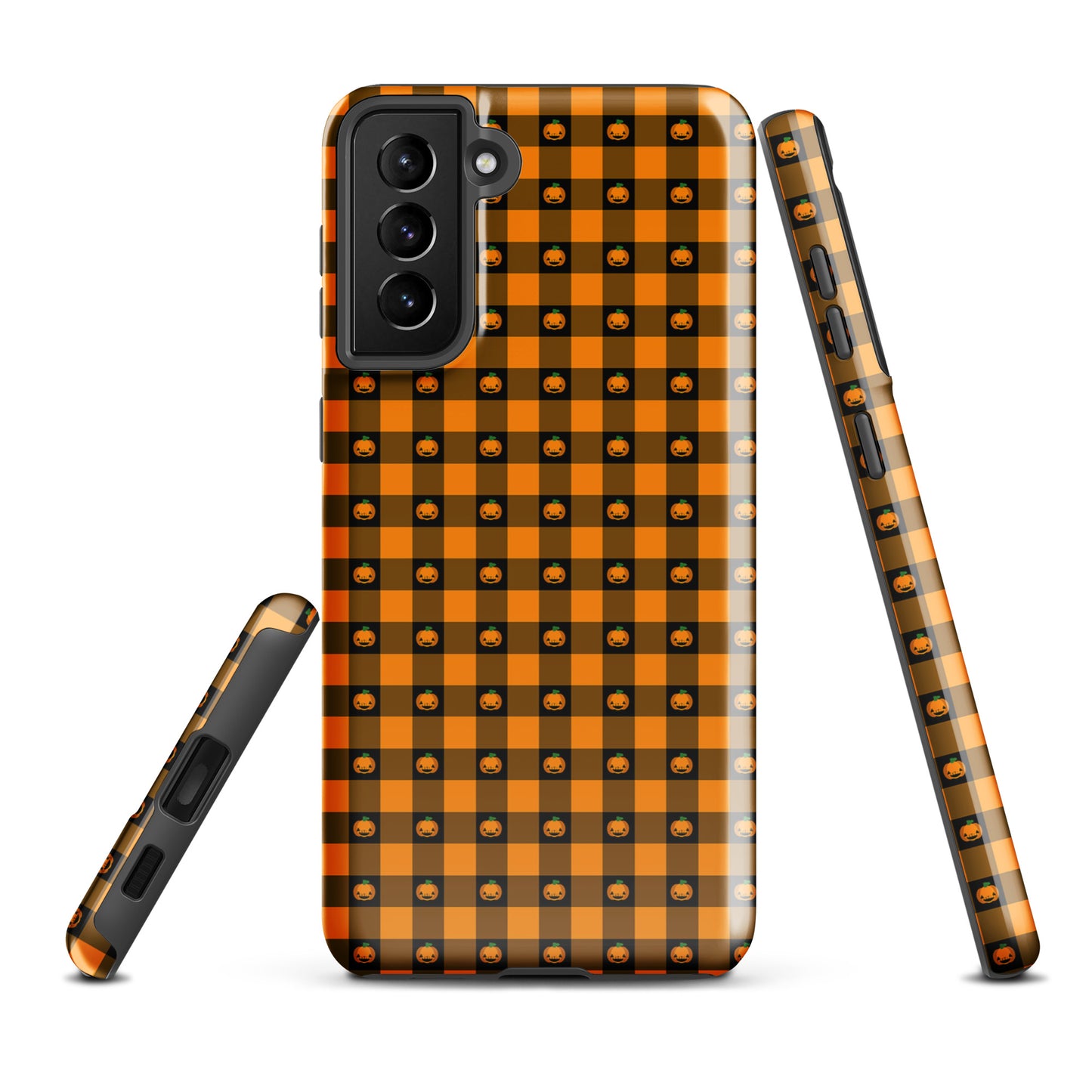 Phone Case for Samsung Galaxy with playful pumpkin gingham Halloween design, featuring jack-o’-lantern faces on a festive background.