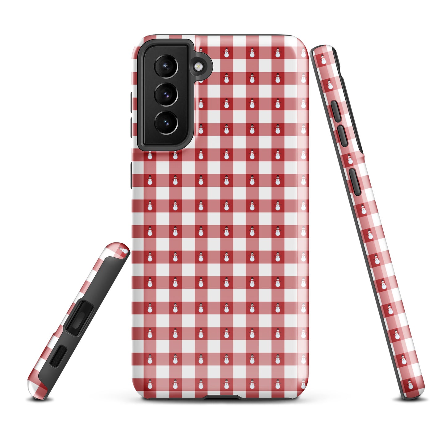Phone Case for Samsung Galaxy with red-and-white gingham and snowman design, winter-themed protective cover.