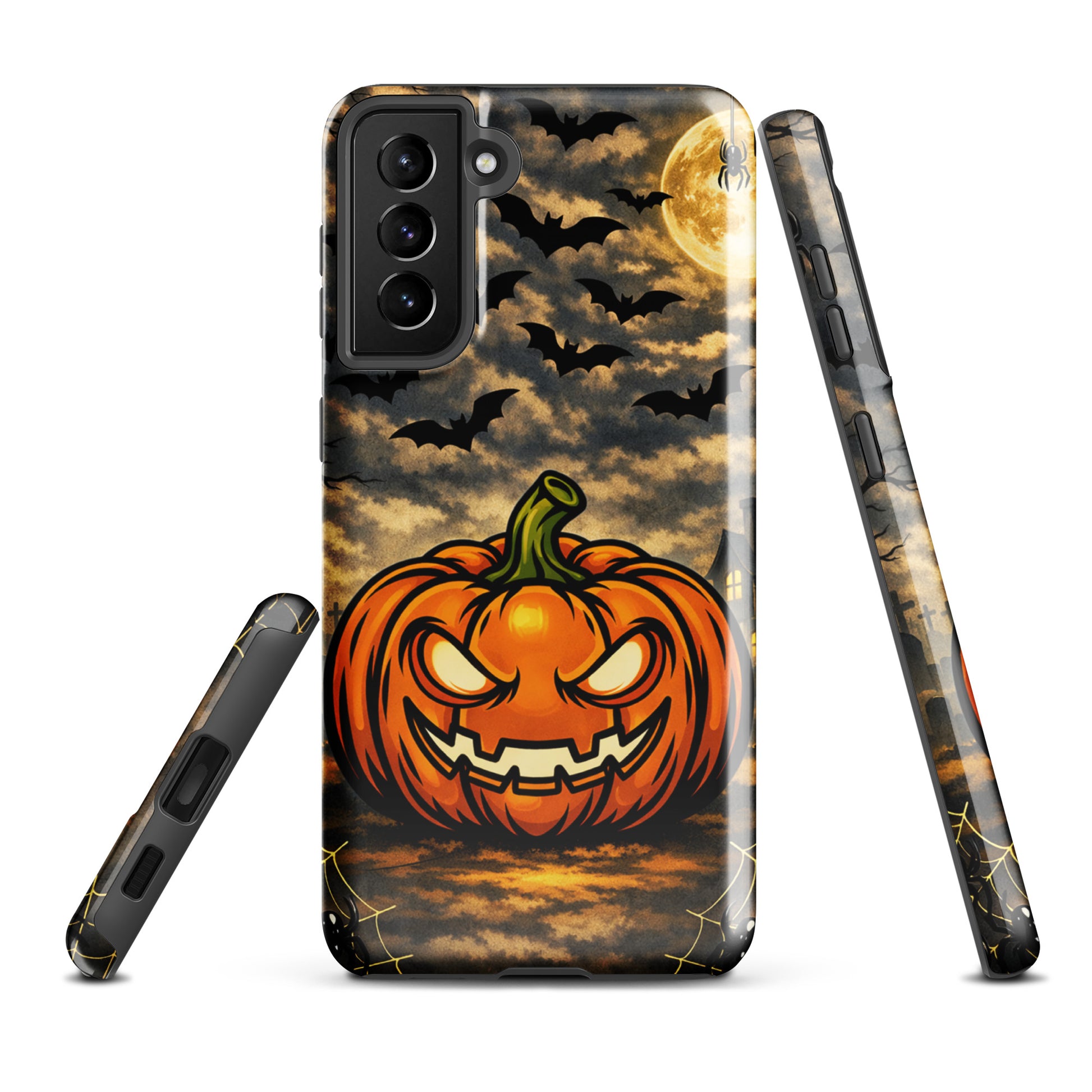 Phone Case for Samsung Galaxy featuring a haunted pumpkin, bats, and a moonlit Halloween scene with a spooky haunted house.