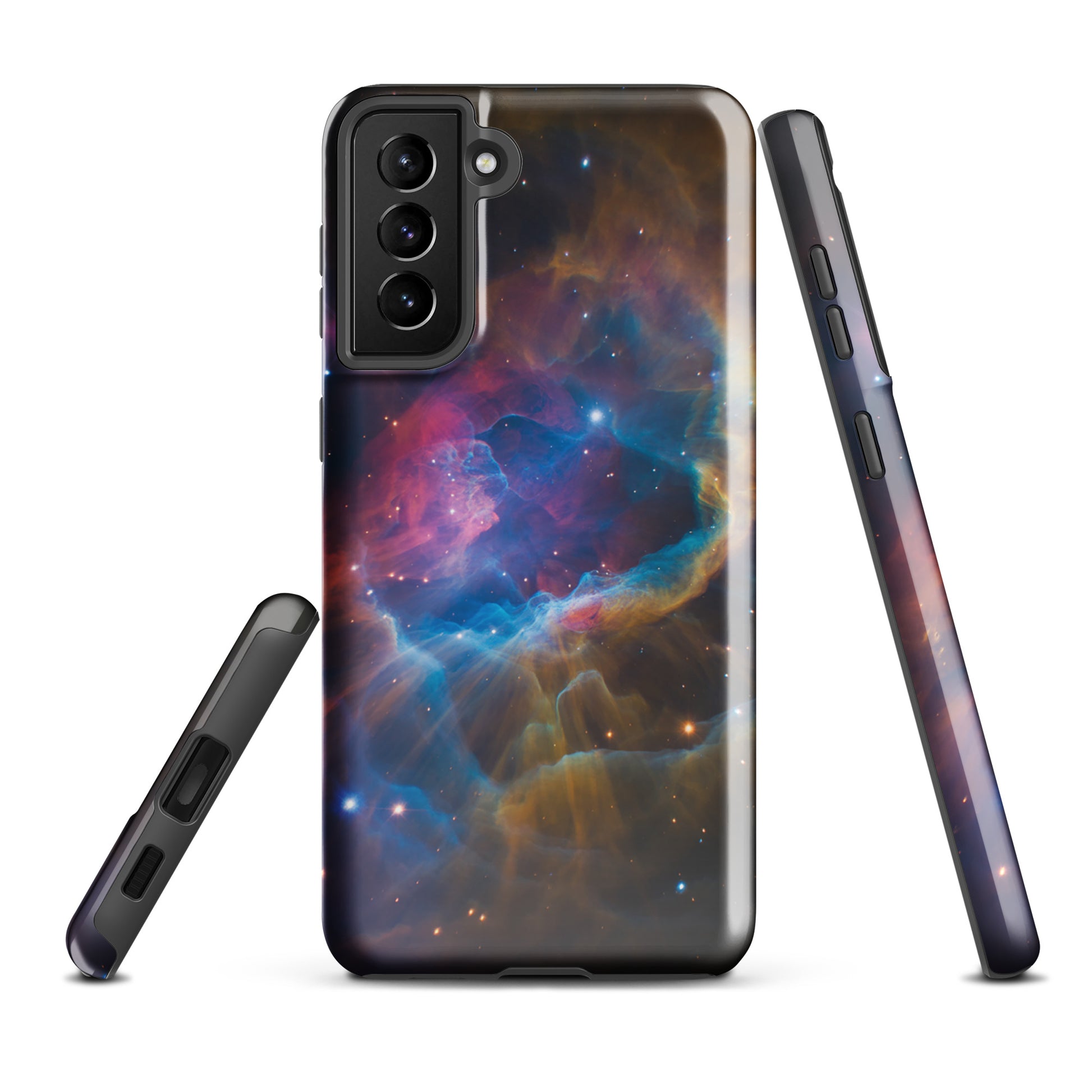Phone Case for Samsung Galaxy featuring a vibrant nebula design with electric blues, fiery oranges, and dreamy pinks.