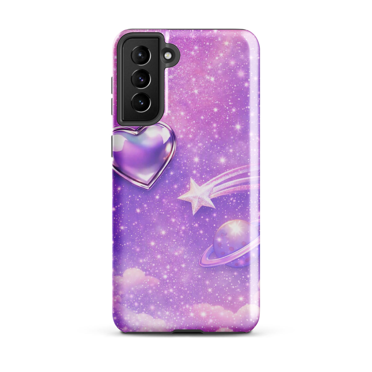 Phone Case for Samsung Galaxy with cosmic heart and shooting star design, featuring pastel clouds, a ringed planet, and twinkling stars.