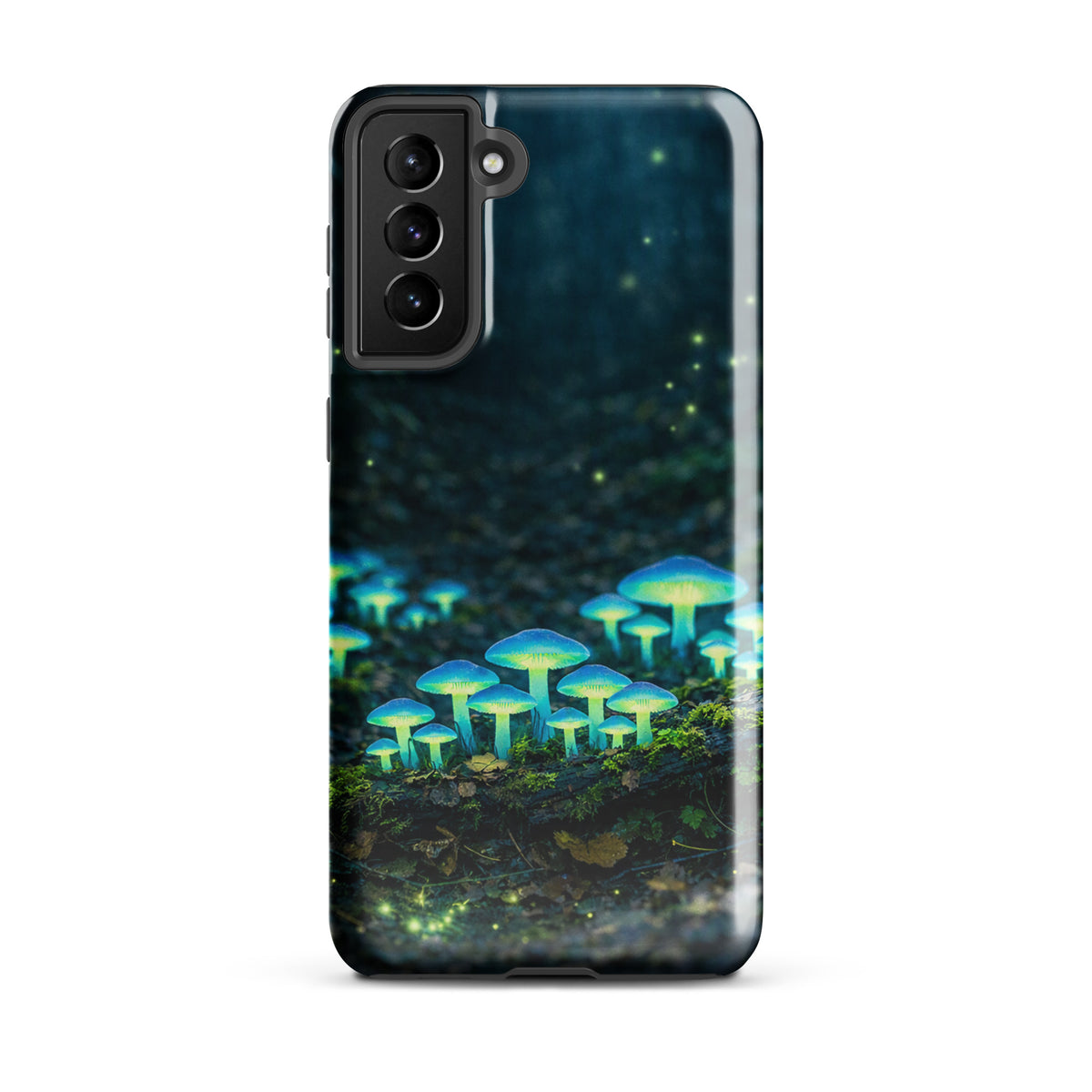 Phone Case with glowing forest mushrooms for Samsung Galaxy, featuring ethereal blue-green bioluminescent design.