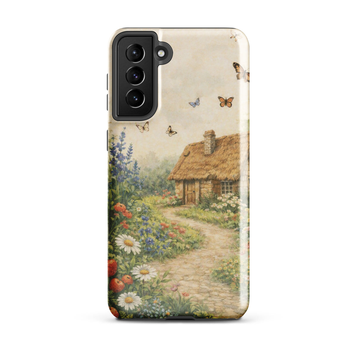 Phone Case for Samsung Galaxy featuring cottage garden art with stone cottage and colorful flowers on cream background.
