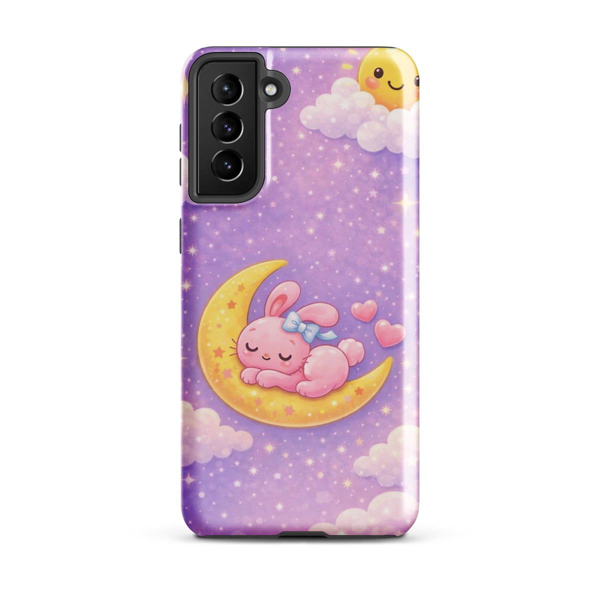 Phone Case for Samsung Galaxy - Cute, Cozy, Dreamy Bunny Moon Design with celestial pink bunny on crescent moon and stars.