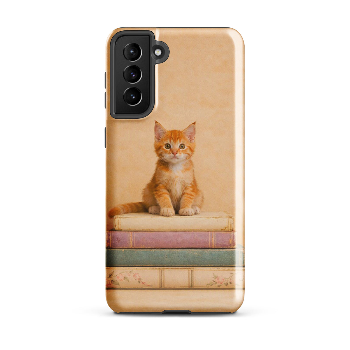 Phone Case for Samsung Galaxy featuring orange kitten on vintage books, cozy and whimsical design.