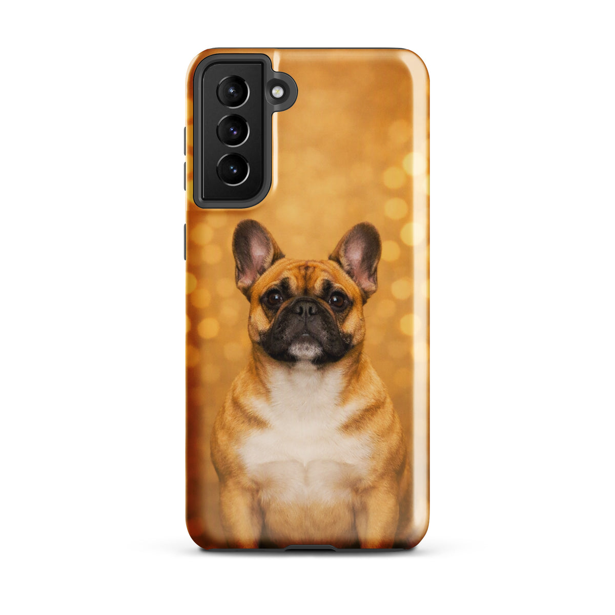 Phone Case for Samsung Galaxy featuring French Bulldog portrait with golden bokeh background, adding charm and character to your device.