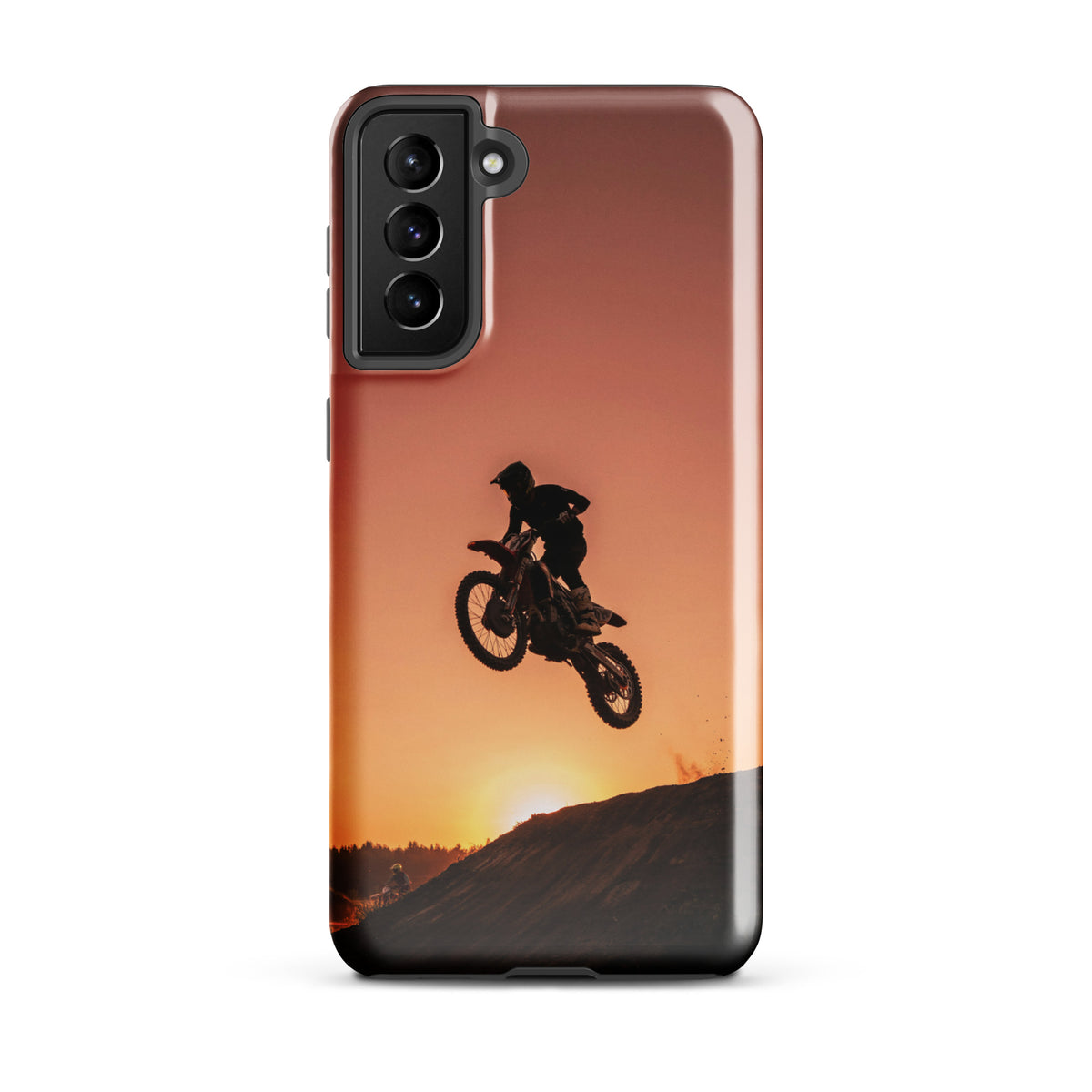 Phone Case featuring motocross dirt bike silhouetted against a sunset for Samsung Galaxy in copper, orange, and black shades.