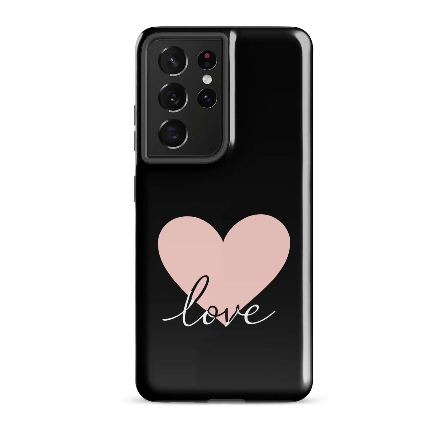 Phone Case Samsung Galaxy featuring a pink heart and script 'love' design on a sleek black background.