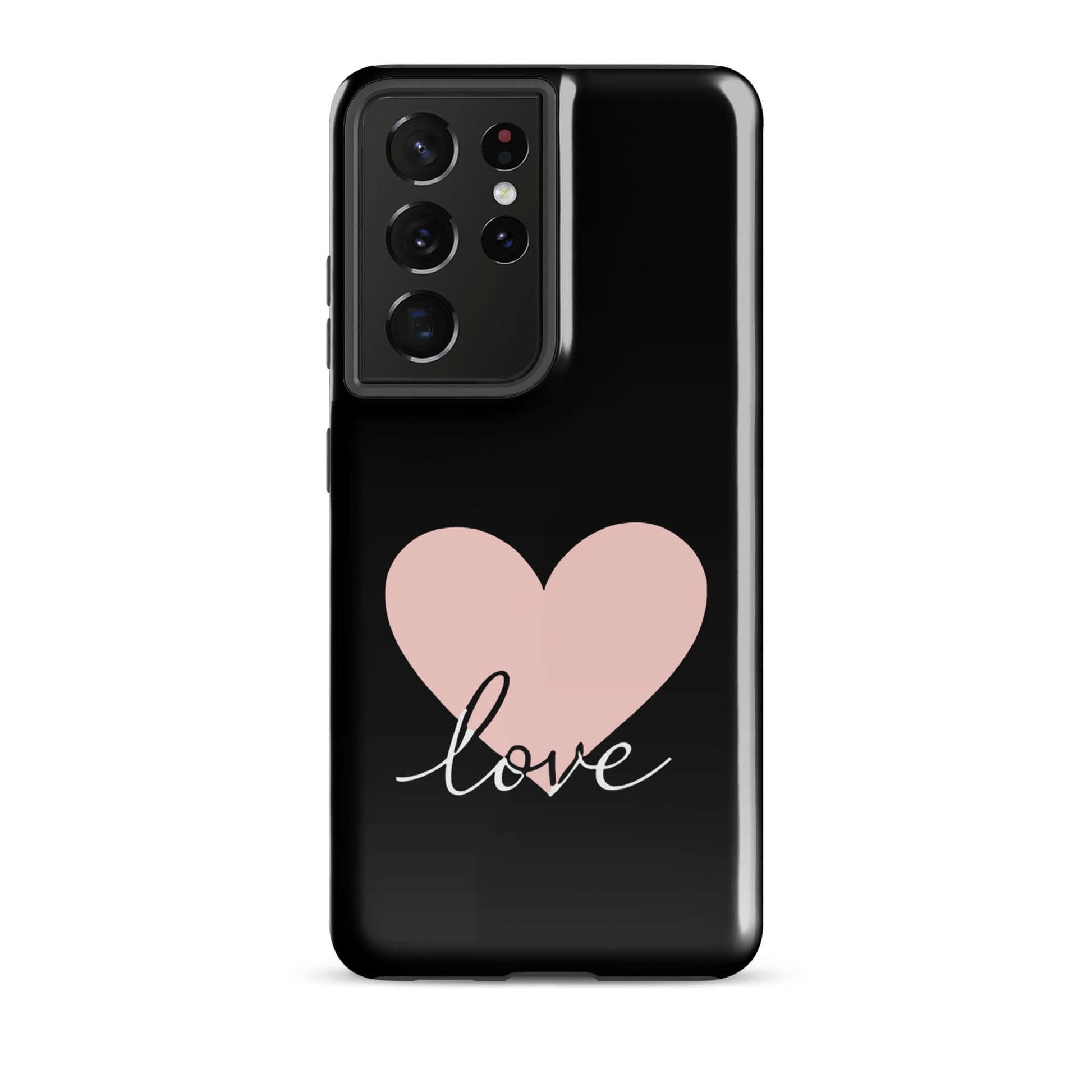 Phone Case Samsung Galaxy featuring a pink heart and script 'love' design on a sleek black background.
