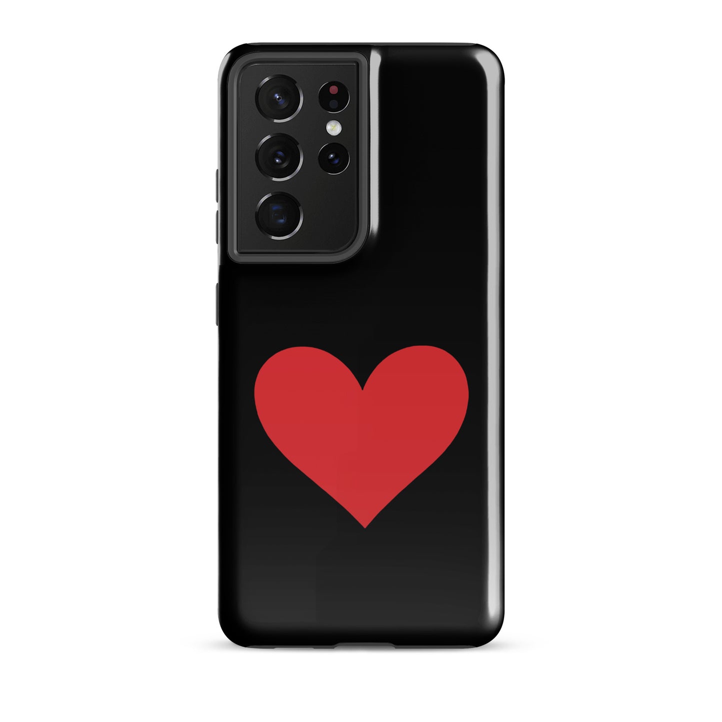 Phone Case for Samsung Galaxy with bold red heart design on a sleek black background.