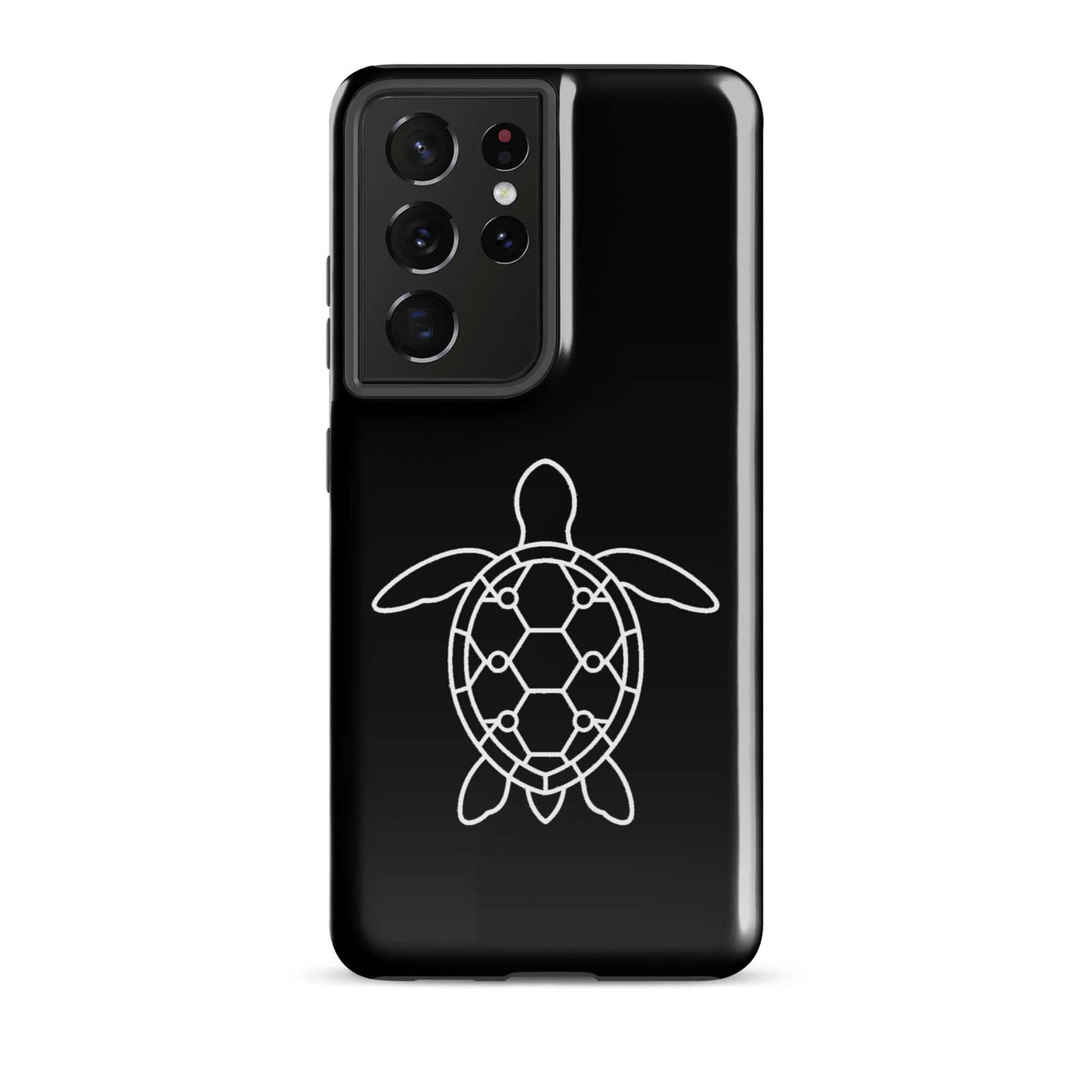 phone case featuring a minimalist sea turtle silhouette design on a sleek black background.