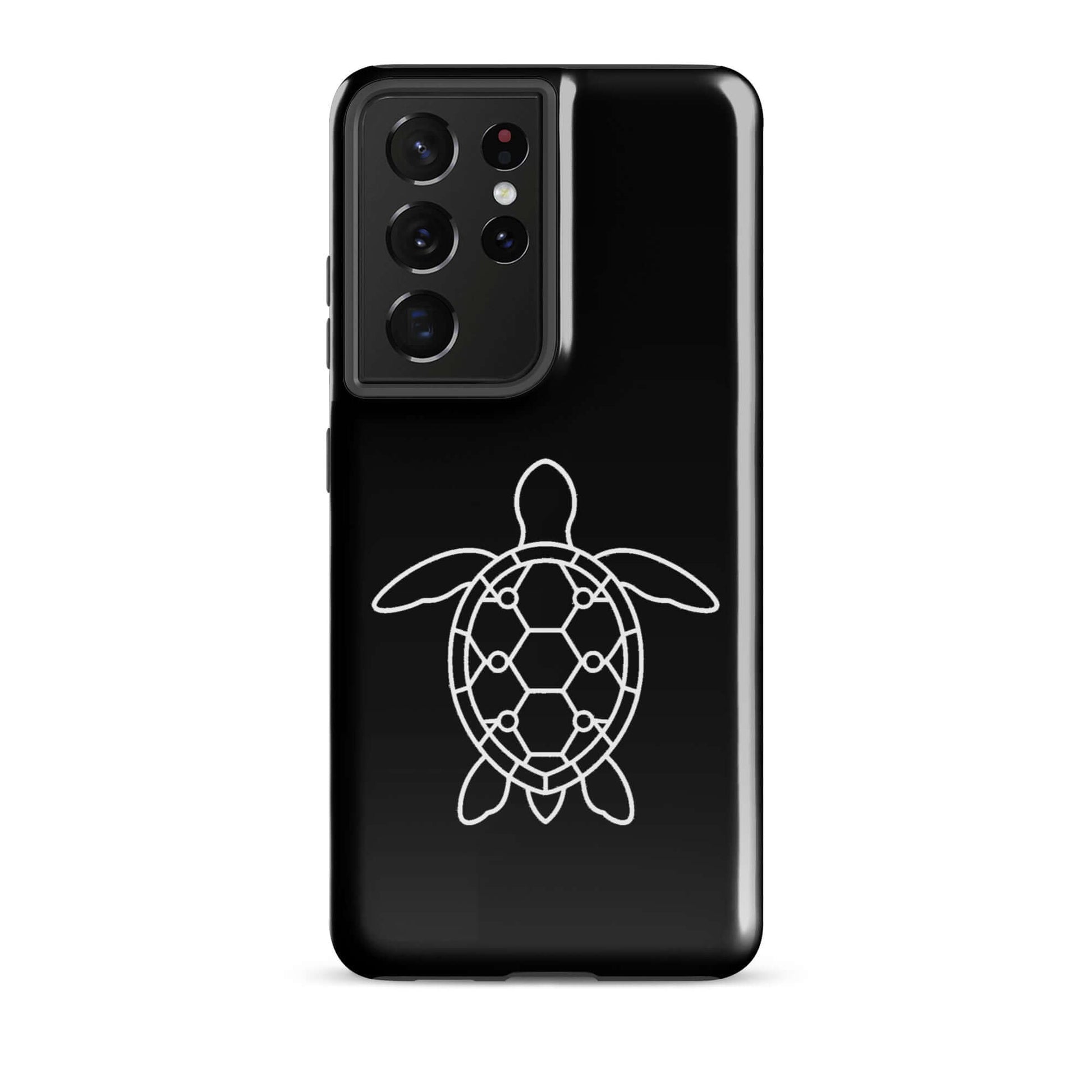 phone case featuring a minimalist sea turtle silhouette design on a sleek black background.