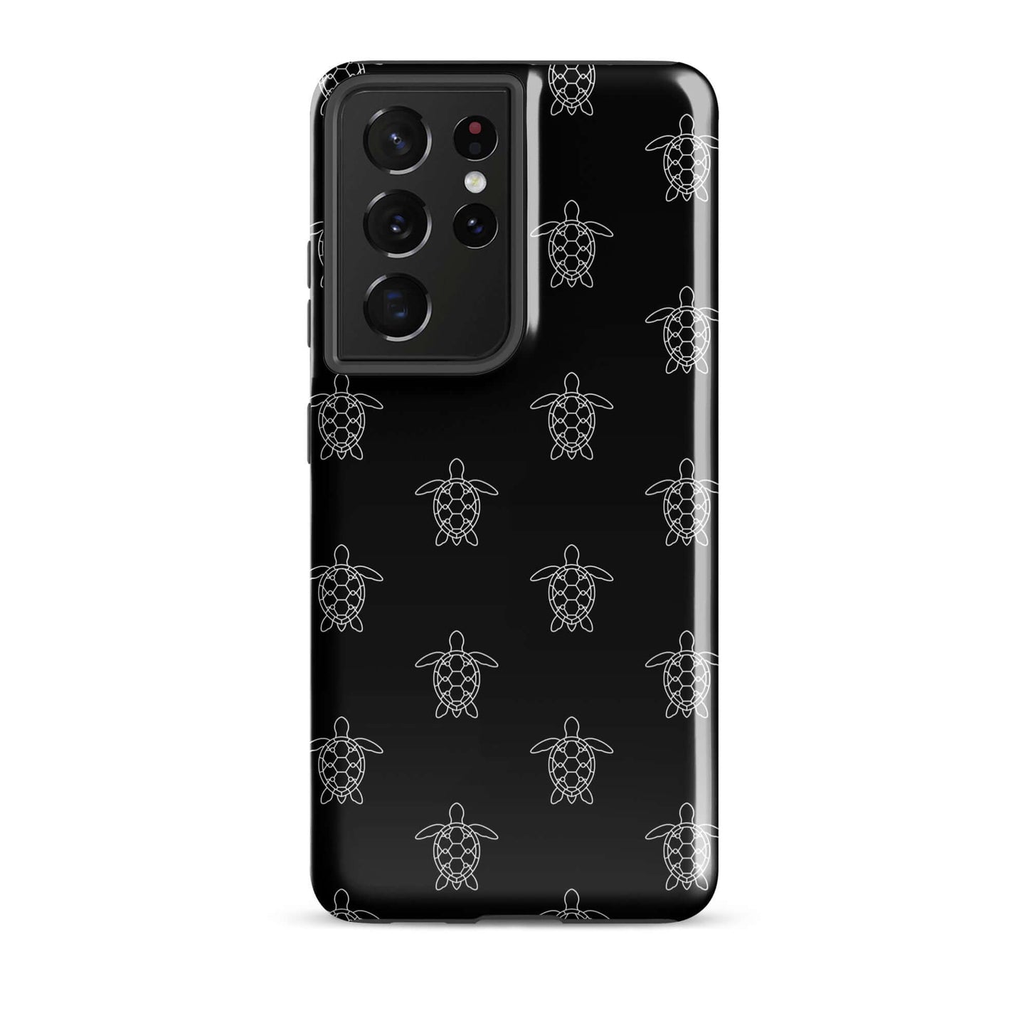 Phone Case for Samsung Galaxy featuring minimalist sea turtle pattern on a sleek black background.