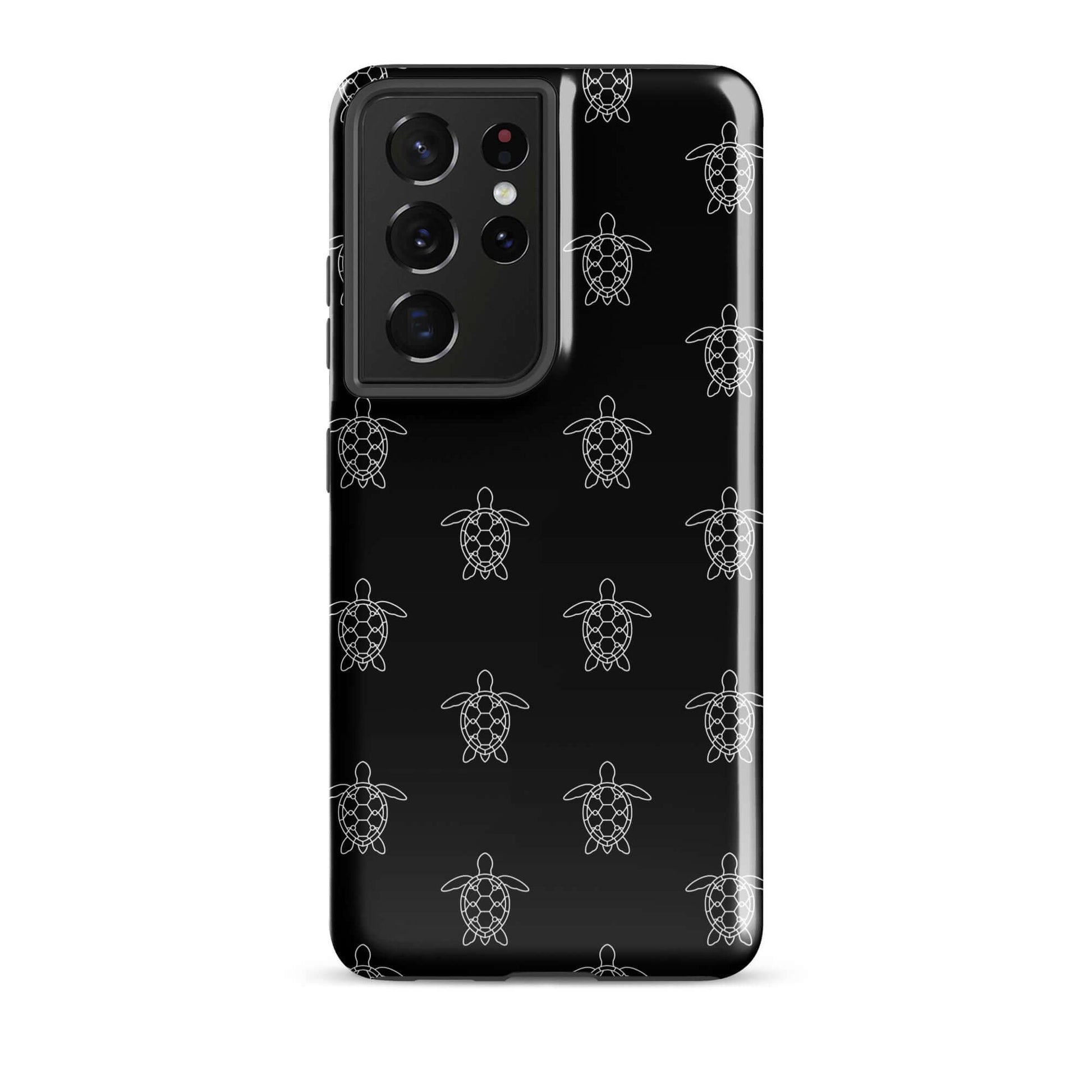 Phone Case for Samsung Galaxy featuring minimalist sea turtle pattern on a sleek black background.