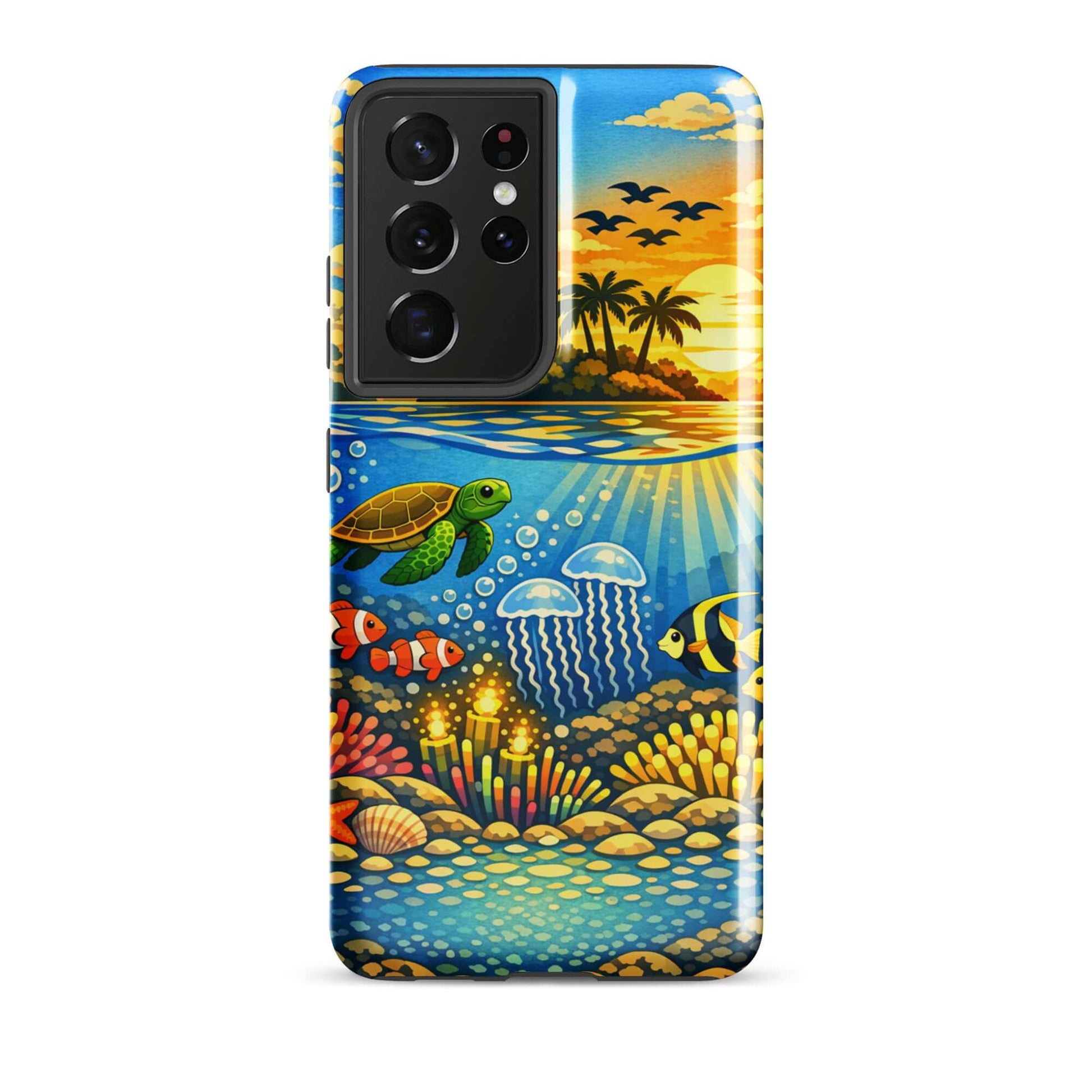 Phone Case for Samsung Galaxy featuring a tropical sunset and vibrant underwater reef illustration.