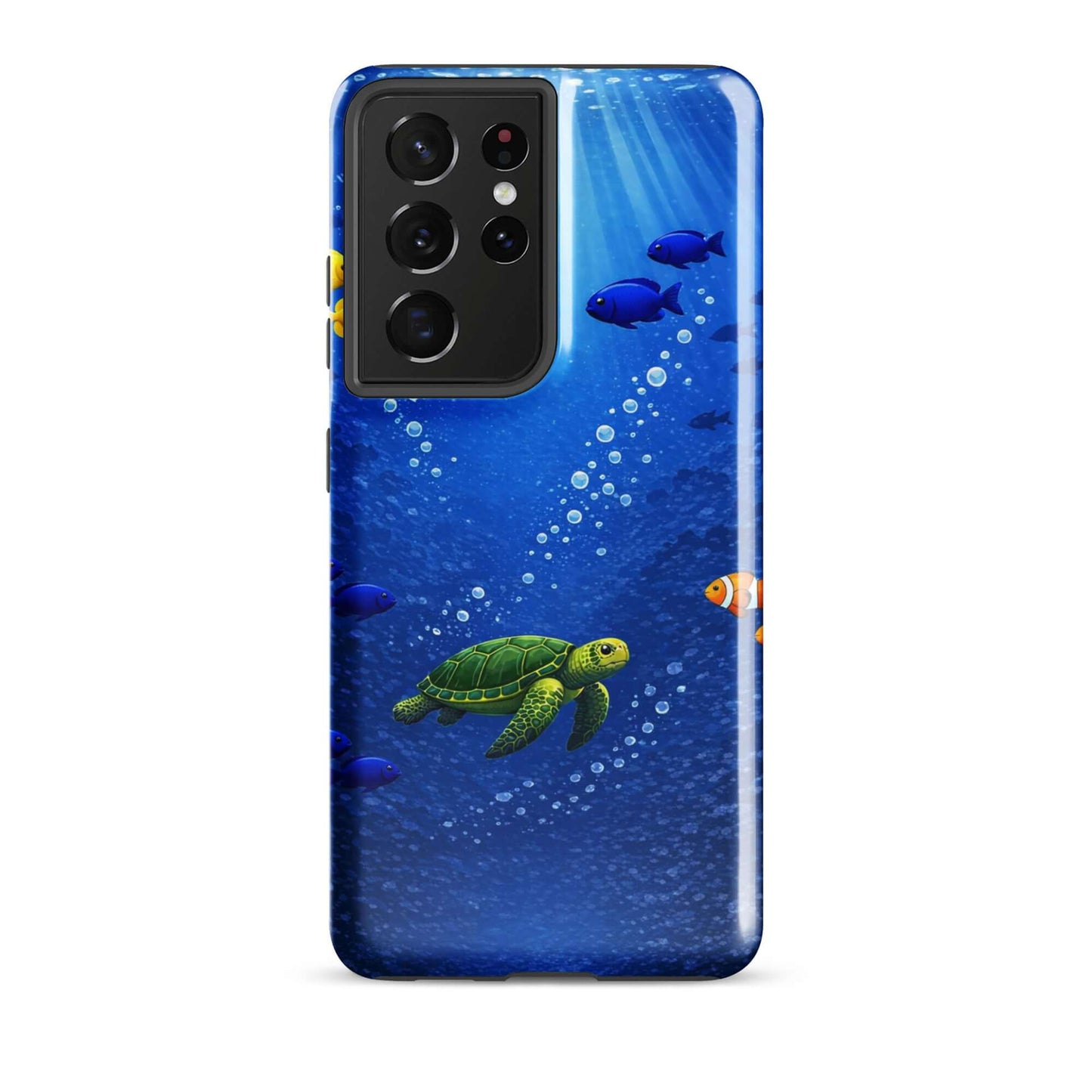 Phone Case showcasing a sea turtle and tropical fish design in deep blue, perfect for Samsung Galaxy.