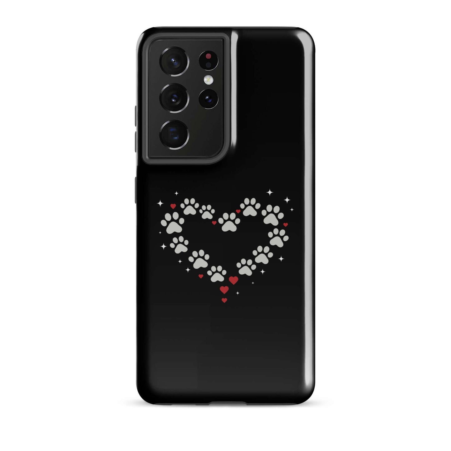 Phone Case for Samsung Galaxy with paw-print heart design on a black background.