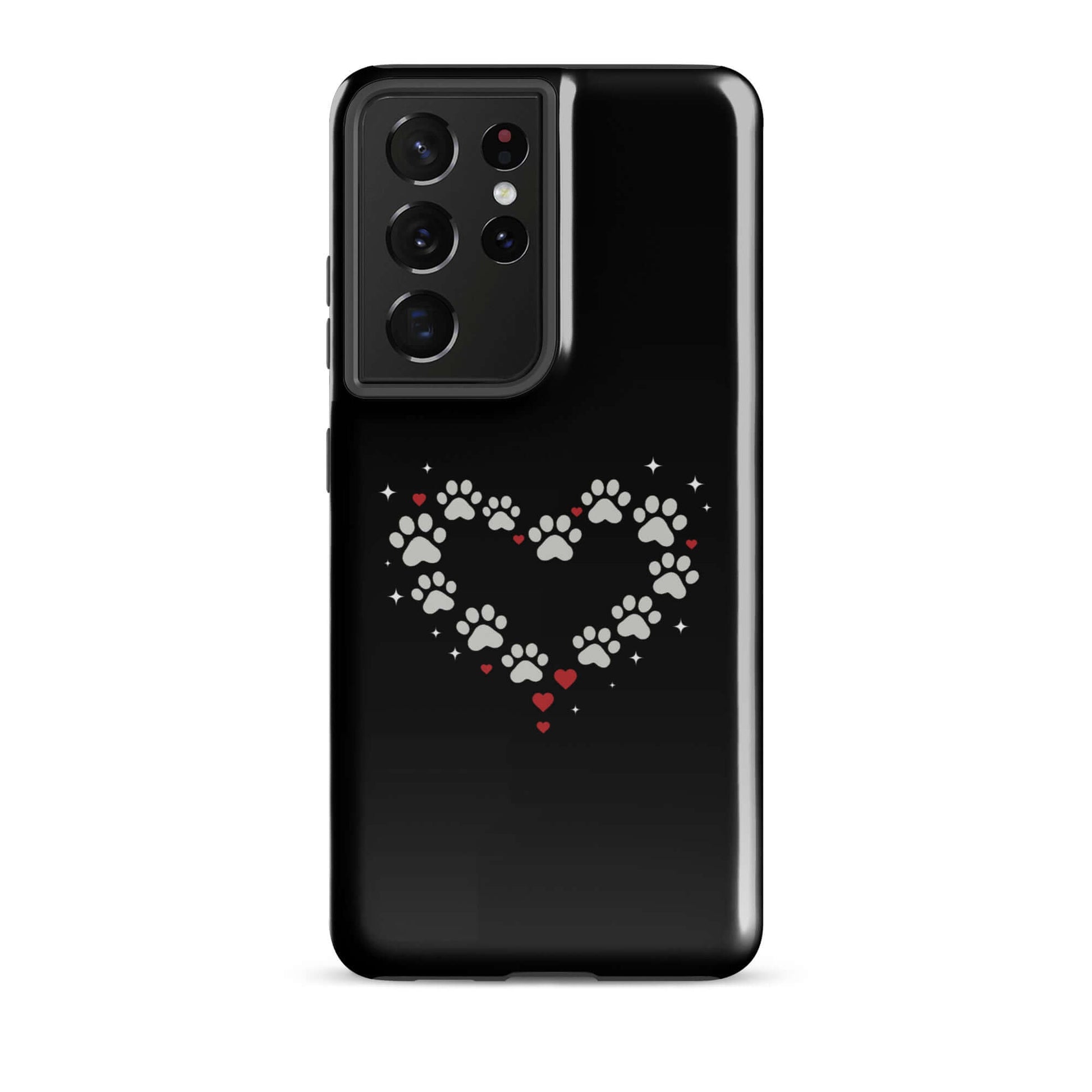 Phone Case for Samsung Galaxy with paw-print heart design on a black background.