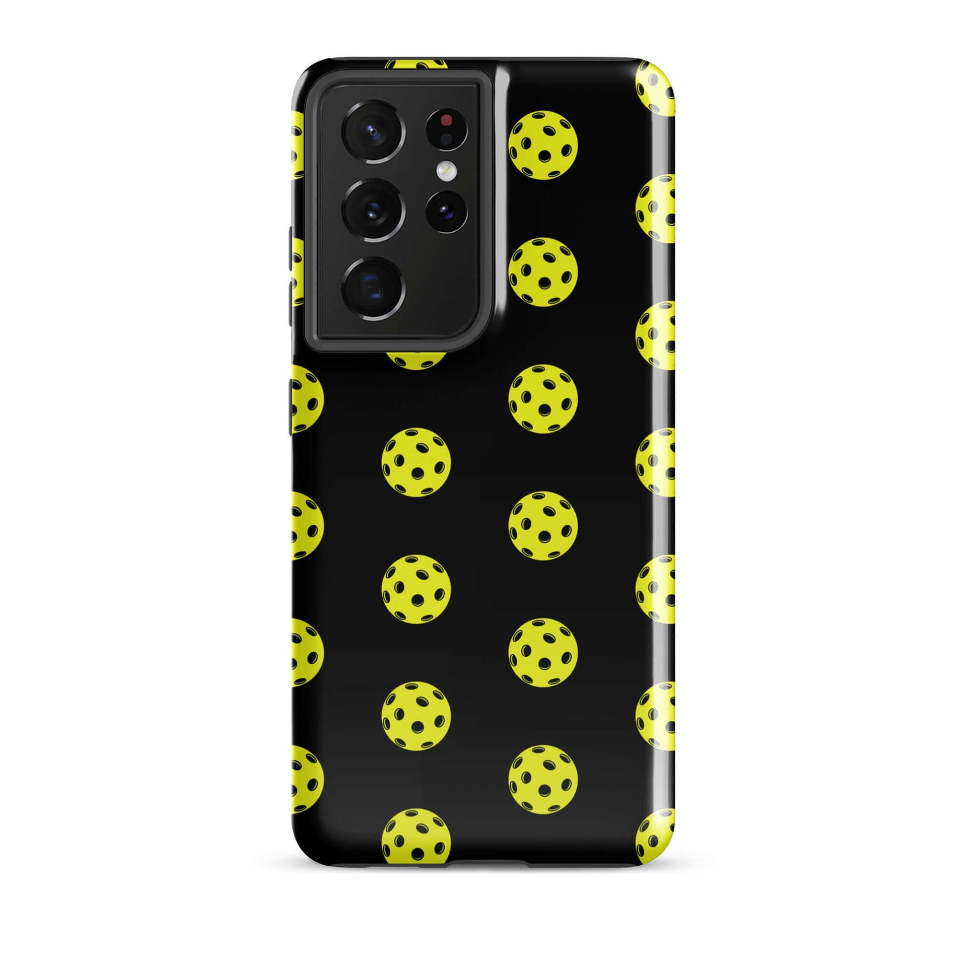Phone Case for Samsung Galaxy featuring a yellow pickleball pattern on a black background.