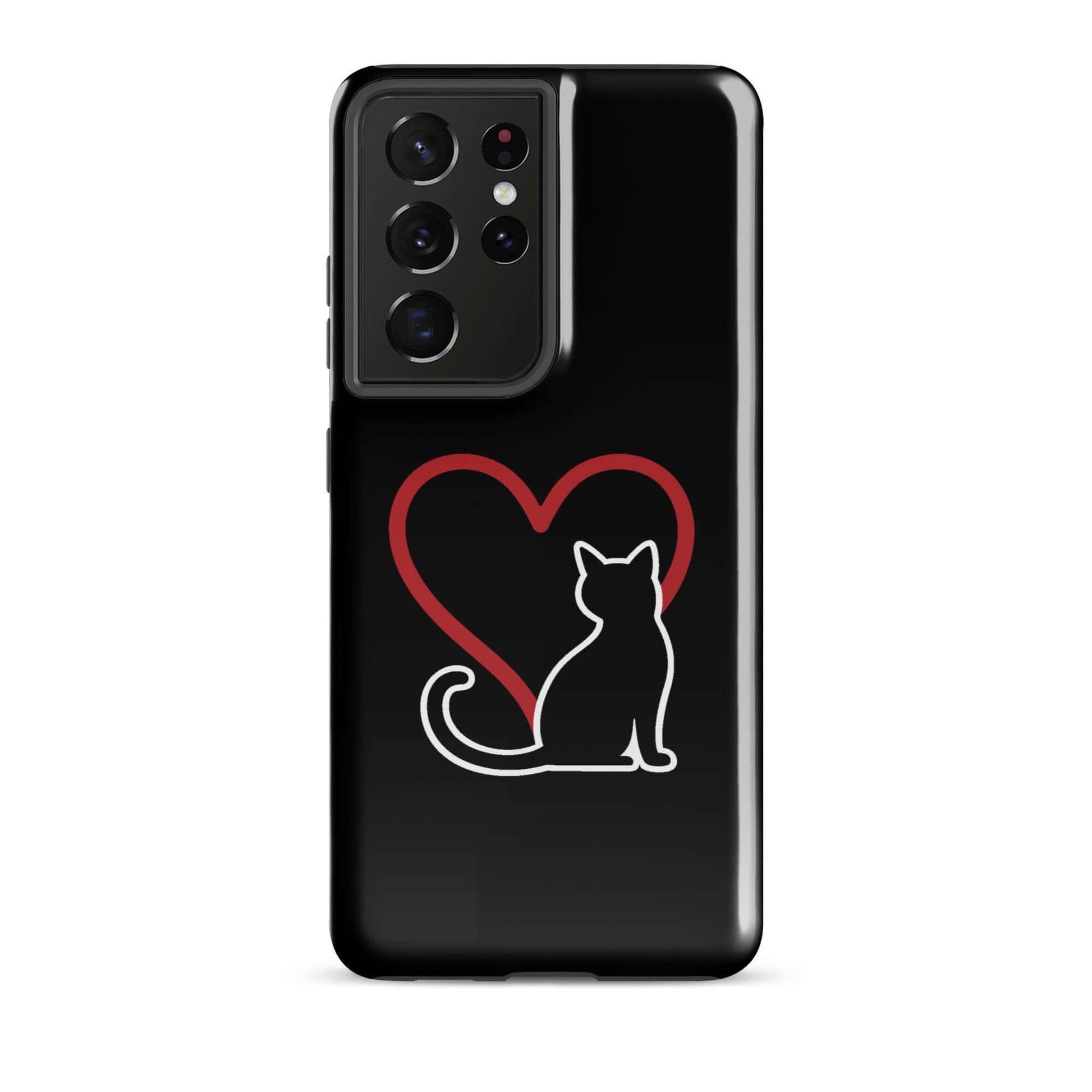Phone Case for Samsung Galaxy featuring a minimalist cat design and red heart, perfect for cat lovers.