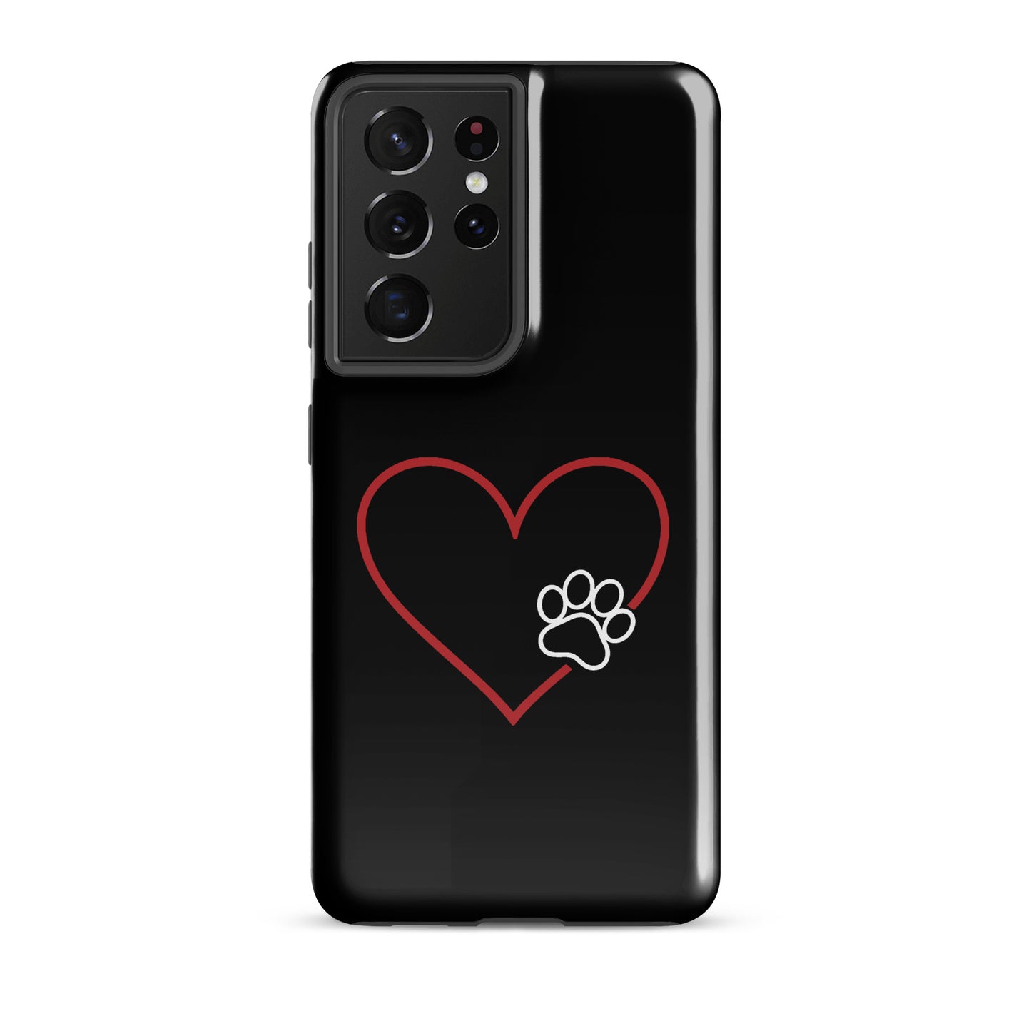 Phone Case for Samsung Galaxy with heart and paw print design, black background, minimalistic pet lover style.