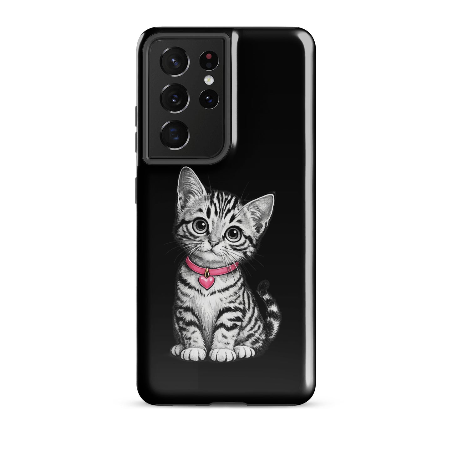 Phone Case for Samsung Galaxy featuring pencil-sketch kitten with pink heart charm and collar on black background.